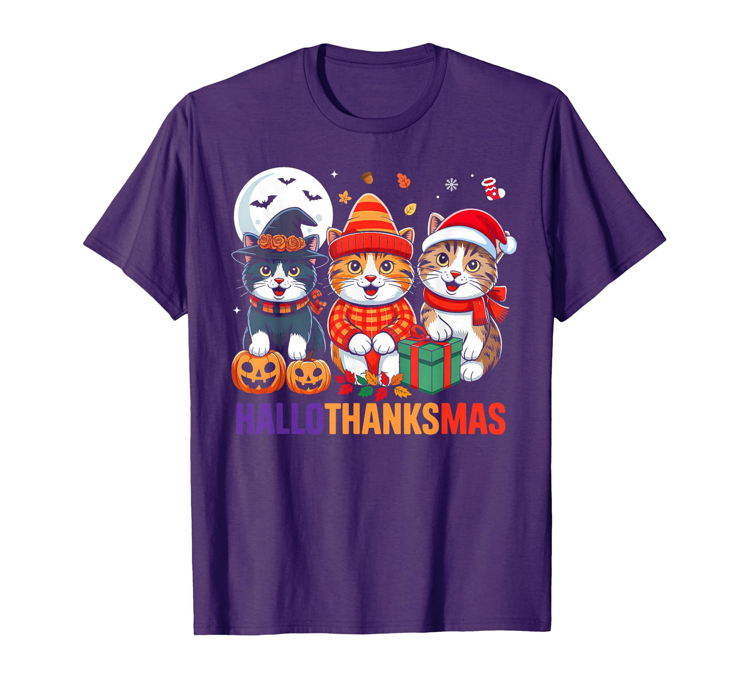Cat Halloween Thanksgiving Christmas Happy HalloThanksMas T-Shirt
