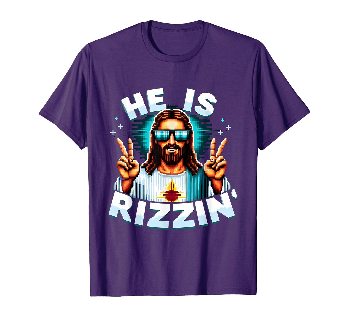 He Is Rizzen Jesus Has Rizzen Retro Christian Pixel Gaming T-Shirt