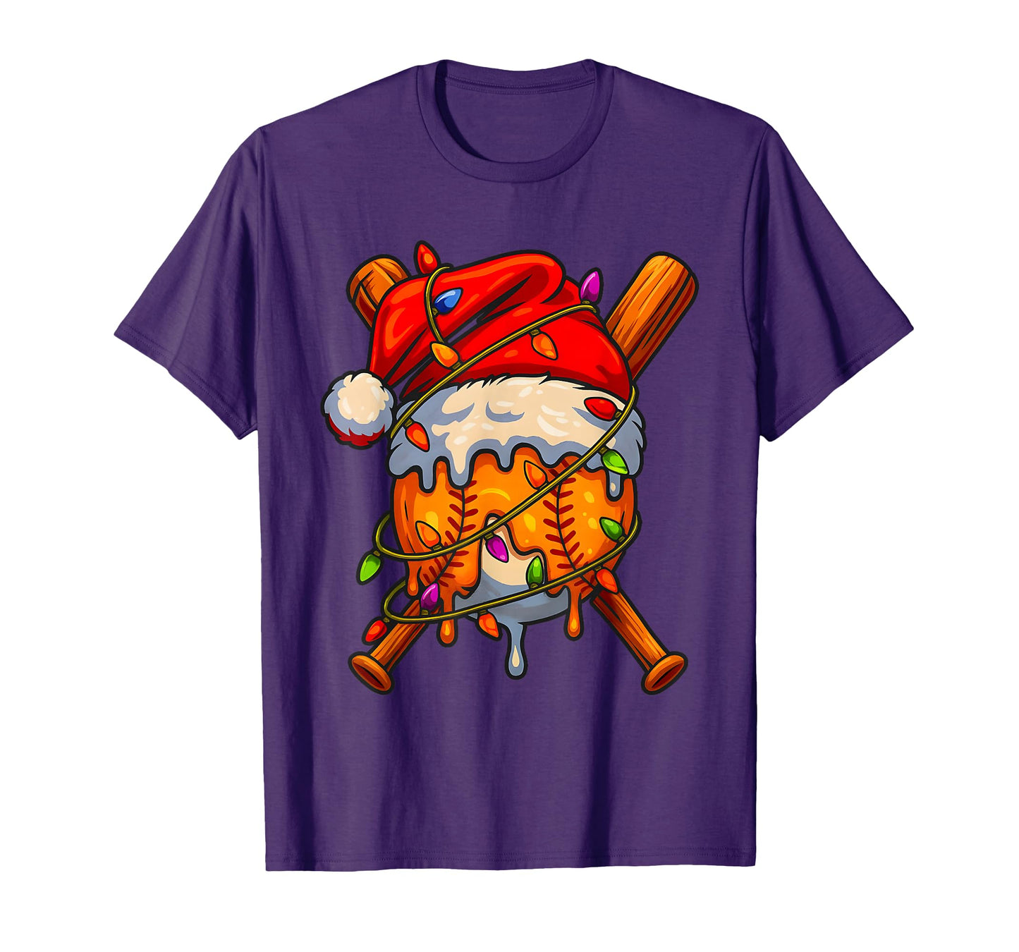 Santa Hat Baseball Christmas Lights Dripping Baseball Player T-Shirt
