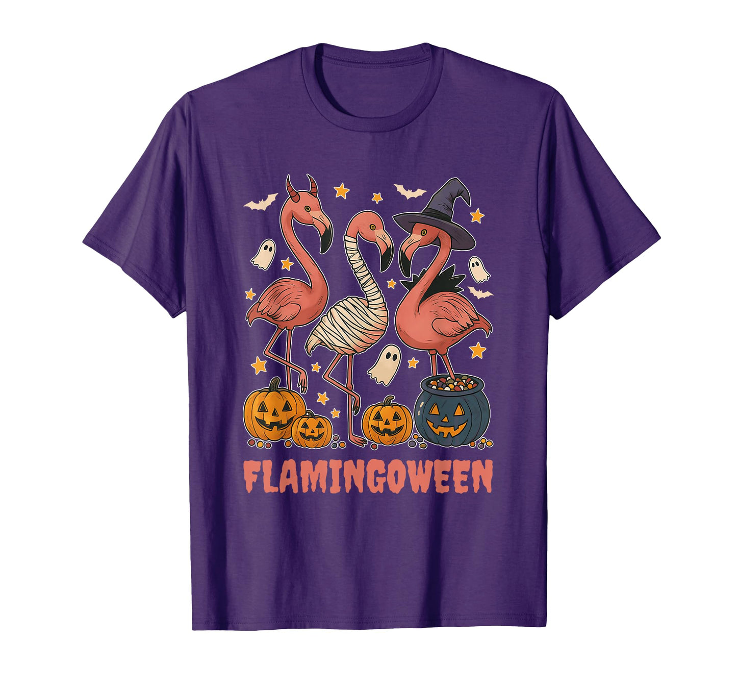 Flamingoween Halloween Flamingo Skeleton Witch Design T-Shirt