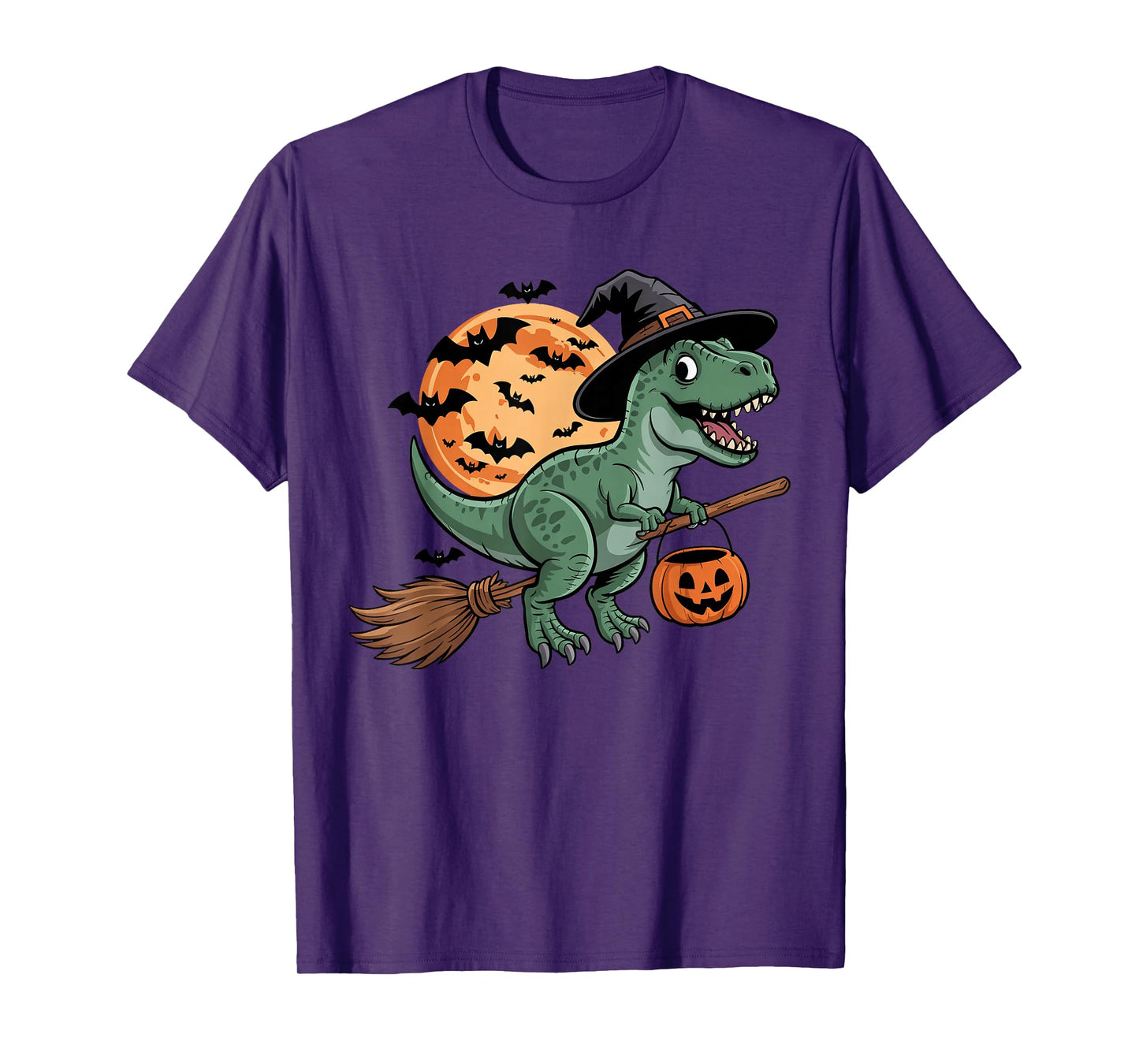 Halloween Dinosaur Witch Hat and Broom Pumpkin Candy Bucket T-Shirt