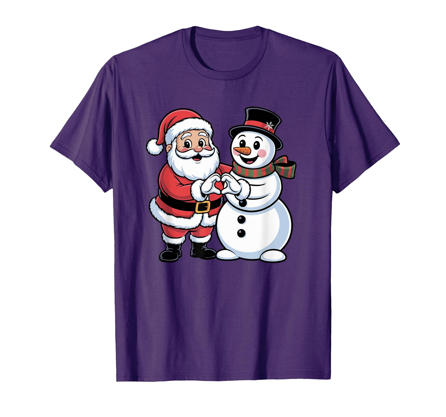 Santa Claus and Snowman Heart Hand Sign Christmas Kids Women T-Shirt