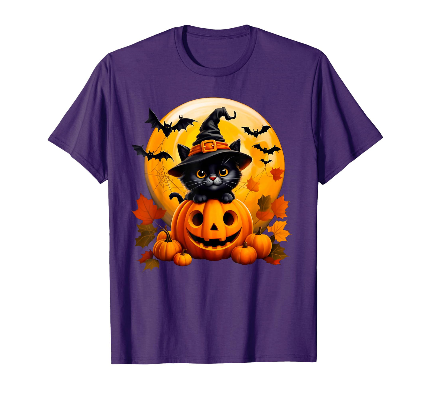 Black Witch cat with Pumpkins Bats for Autumn Fall Halloween T-Shirt