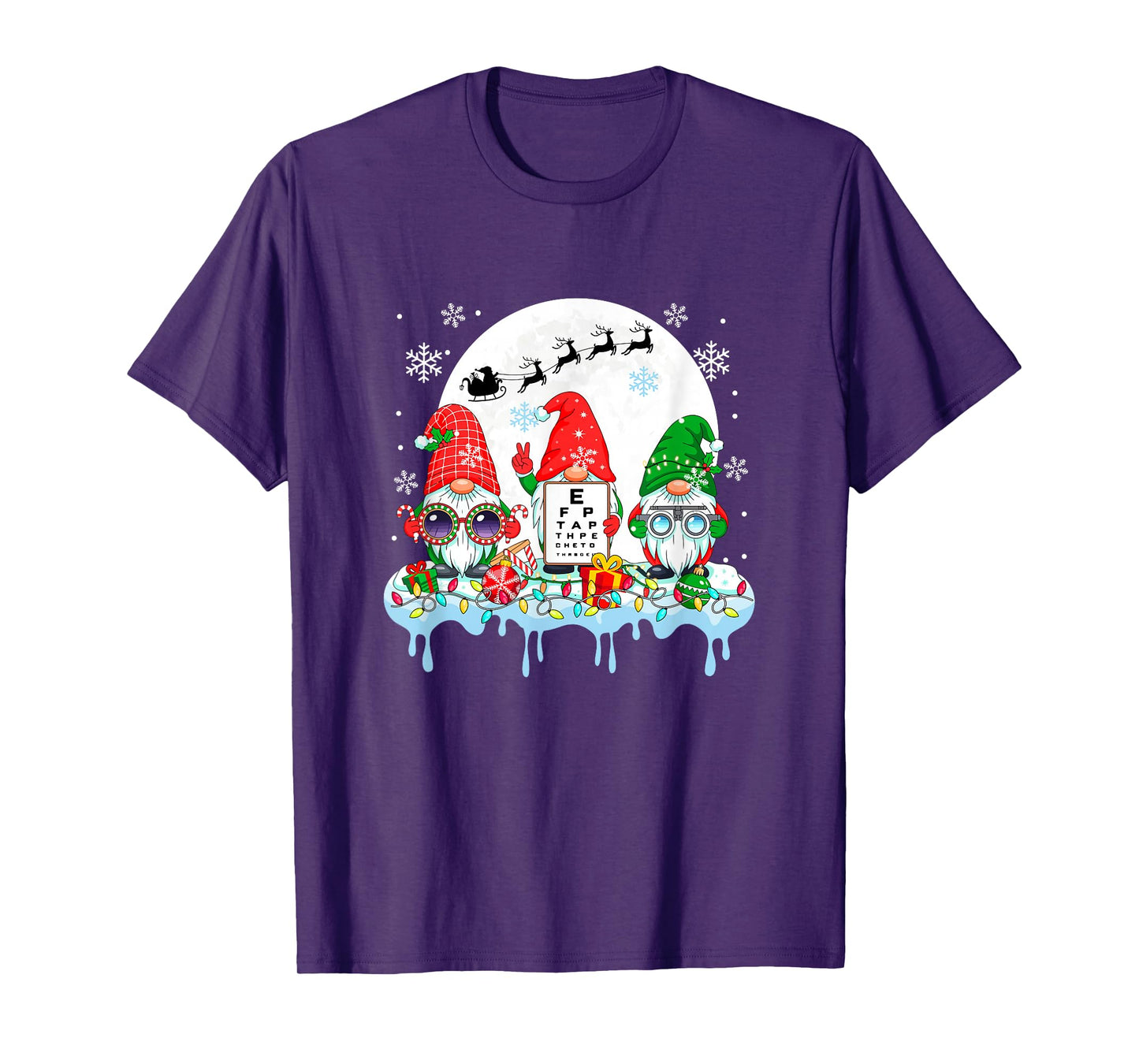 Three Colorful Gnomes with Optical Technician Tools Xmas T-Shirt