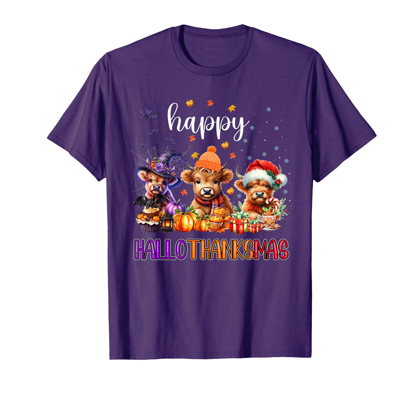 Happy Hallothanksmas Highland Cow Halloween Thanksgiving T-Shirt