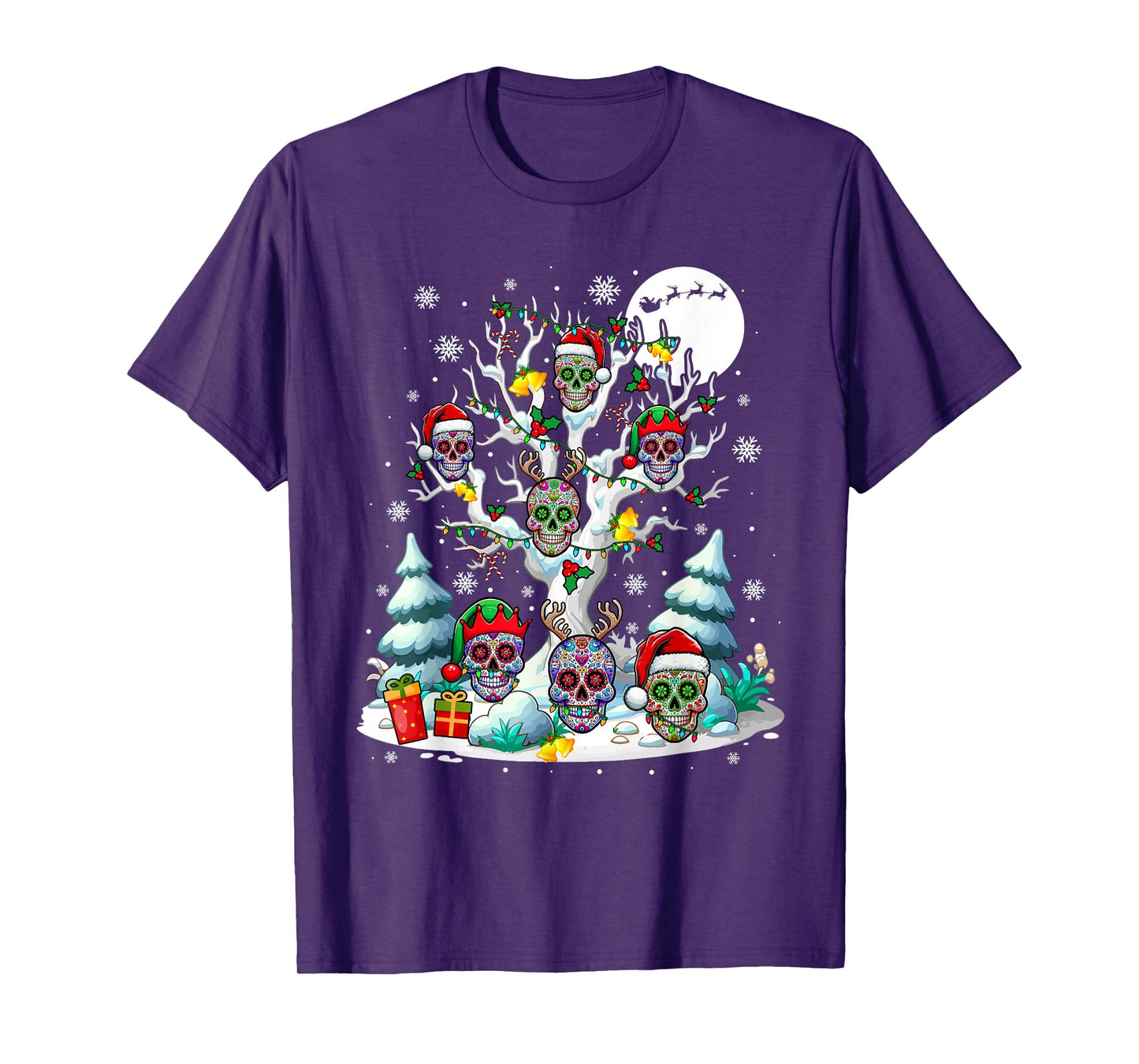 Group Santa Floral Skulls On Xmas Tree Snow Colorful Lights T-Shirt