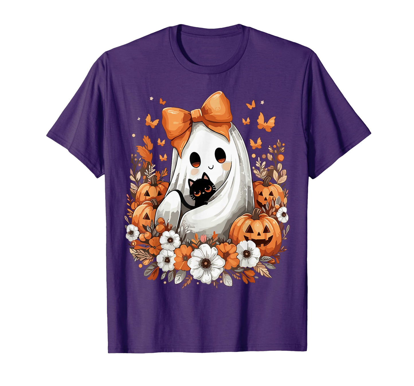 Halloween Vintage Ghost with Black Cat Pumpkin Flowers T-Shirt