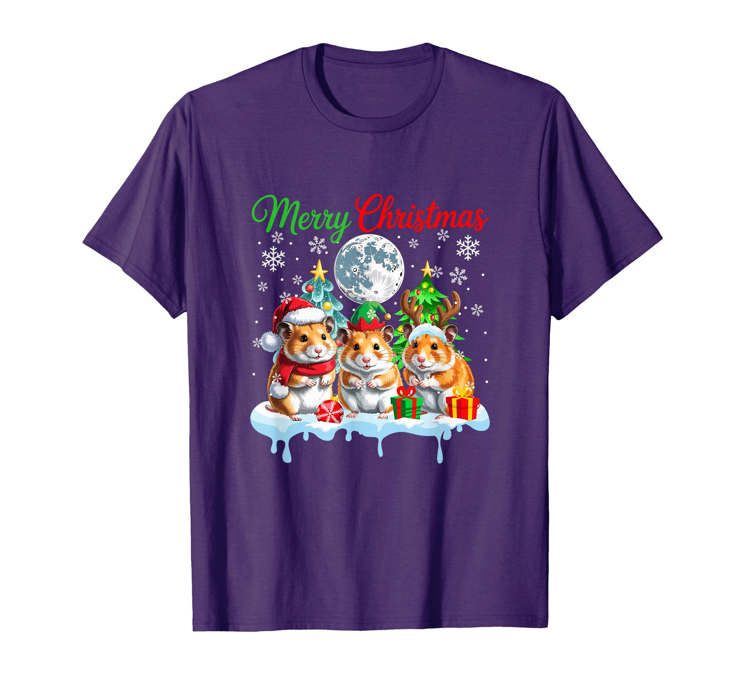 Merry Christmas Three Santa Elf Reindeer Hamsters Rodent T-Shirt