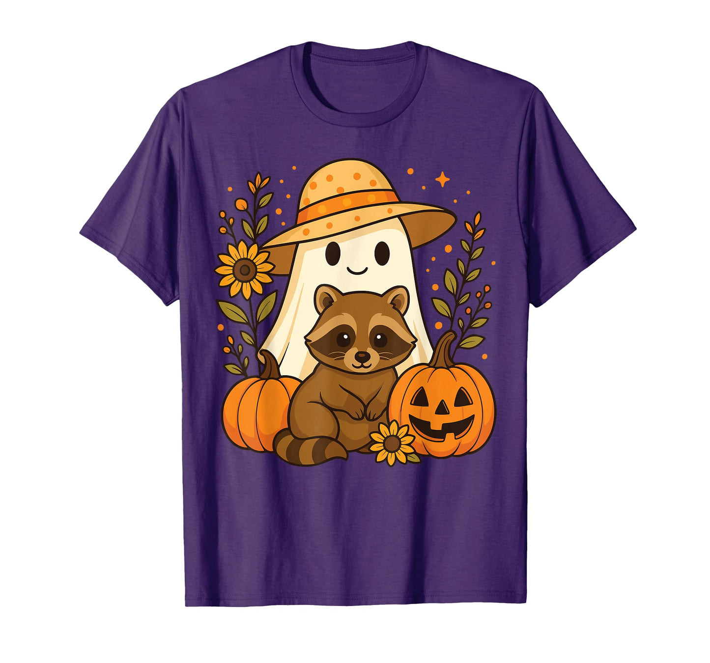Vintage Halloween Ghost Holding Raccoon Groovy Floral Fall T-Shirt