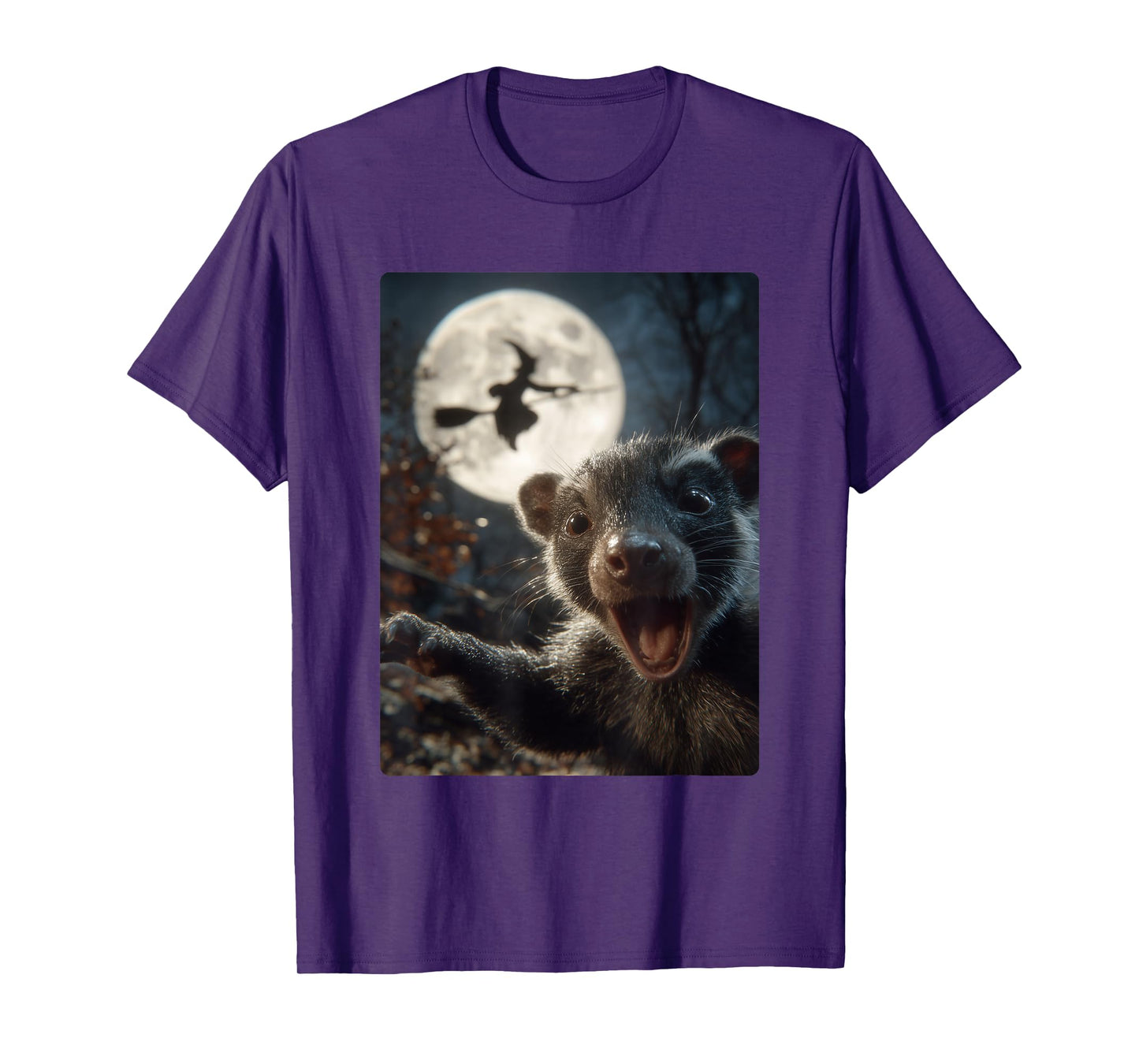 Funny Skunk Selfie Full Moon Flying Witch Forest Halloween T-Shirt