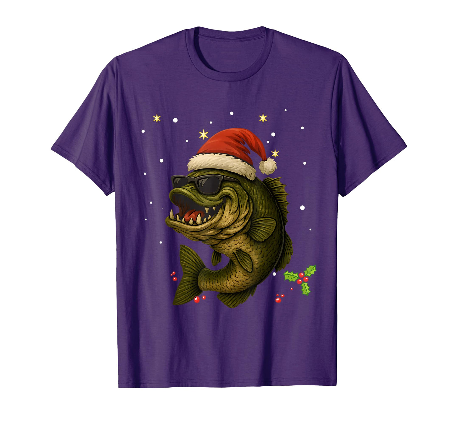 Santa Bass Fish with Sunglasses Holiday Tee Funny Christmas T-Shirt
