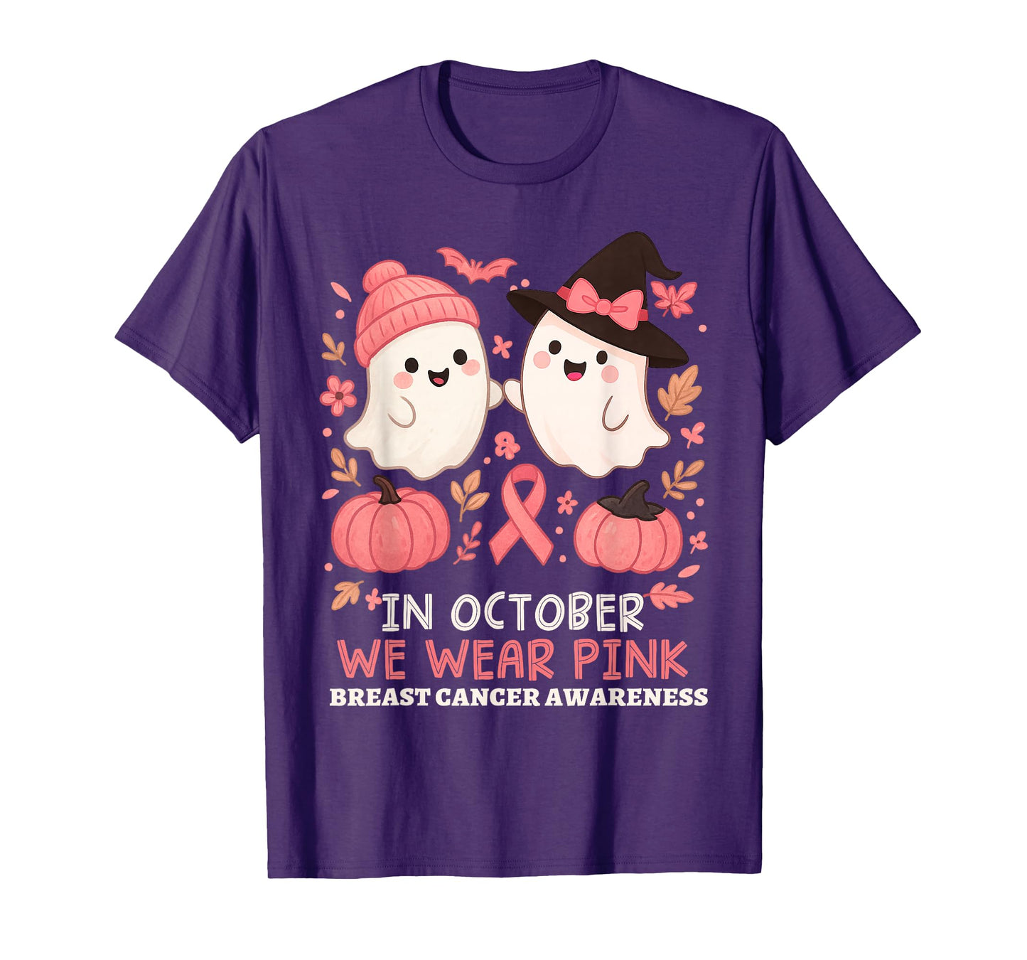 in October We Wear Pink Ghost Witch Breast Cancer Awareness T-Shirt