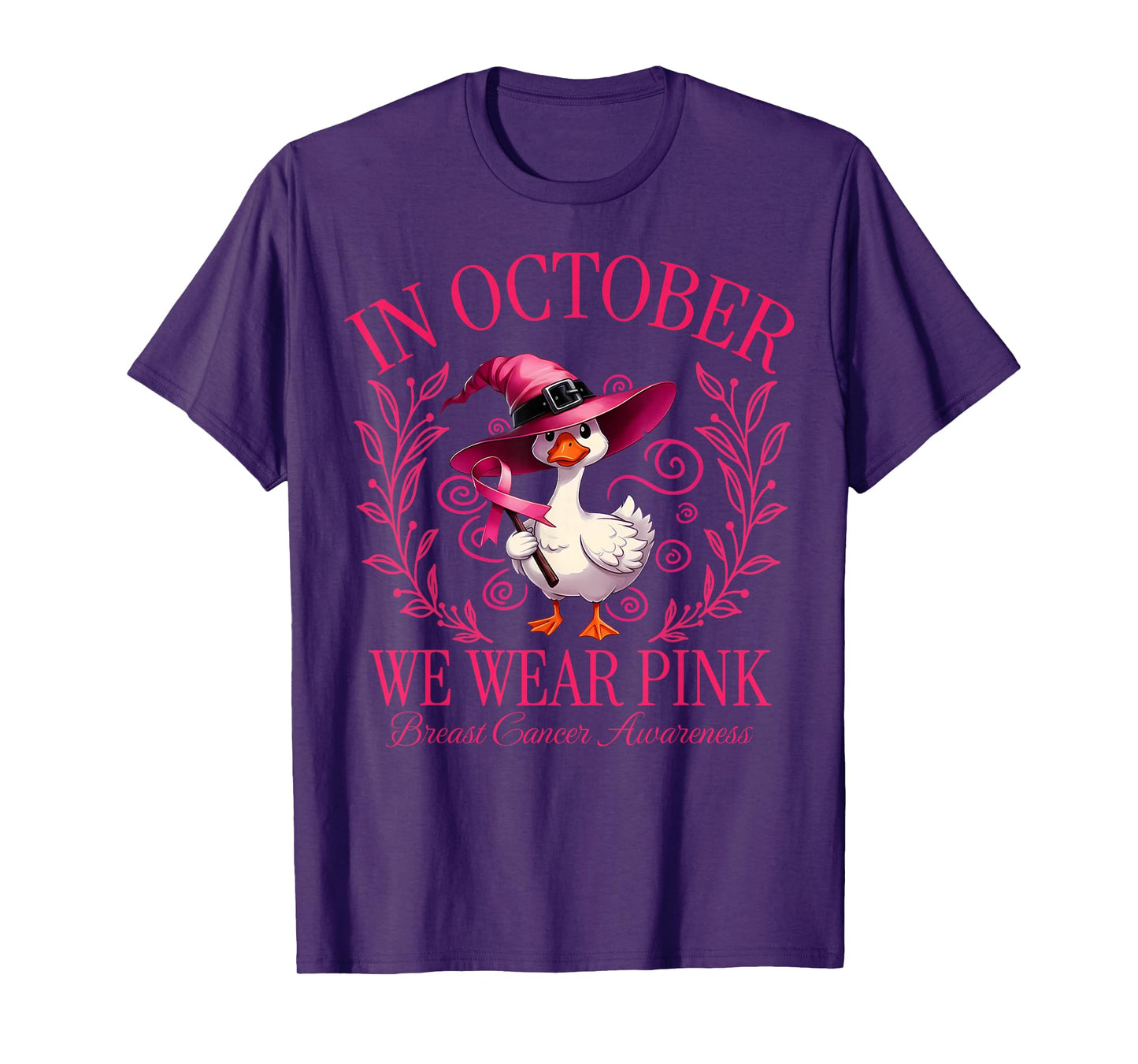 in October We Wear Pink Witch Goose Breast Cancer Awareness T-Shirt