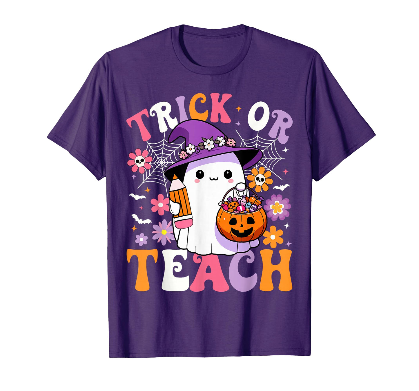 Trick Or Teach Groovy Teacher Ghost Funny Halloween Teacher T-Shirt