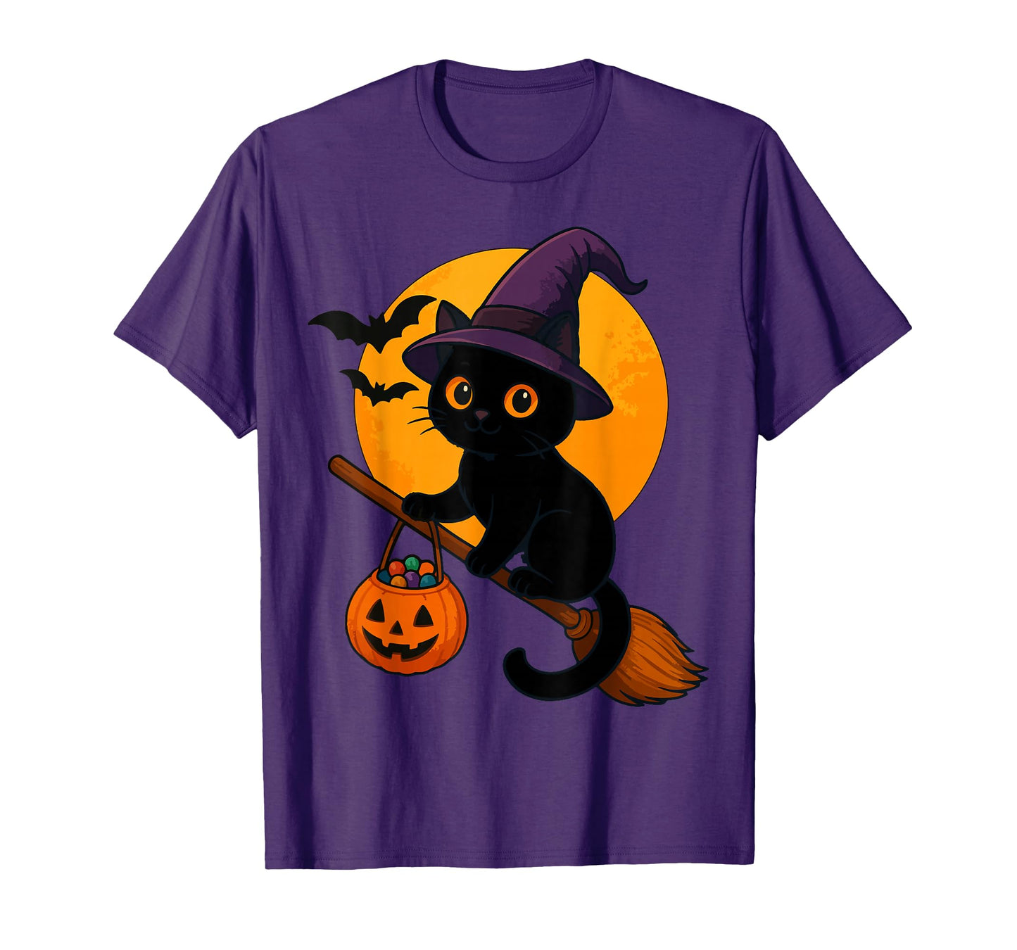 Cute Black Cat Witch on Broom Halloween Costume Moon Pumpkin T-Shirt
