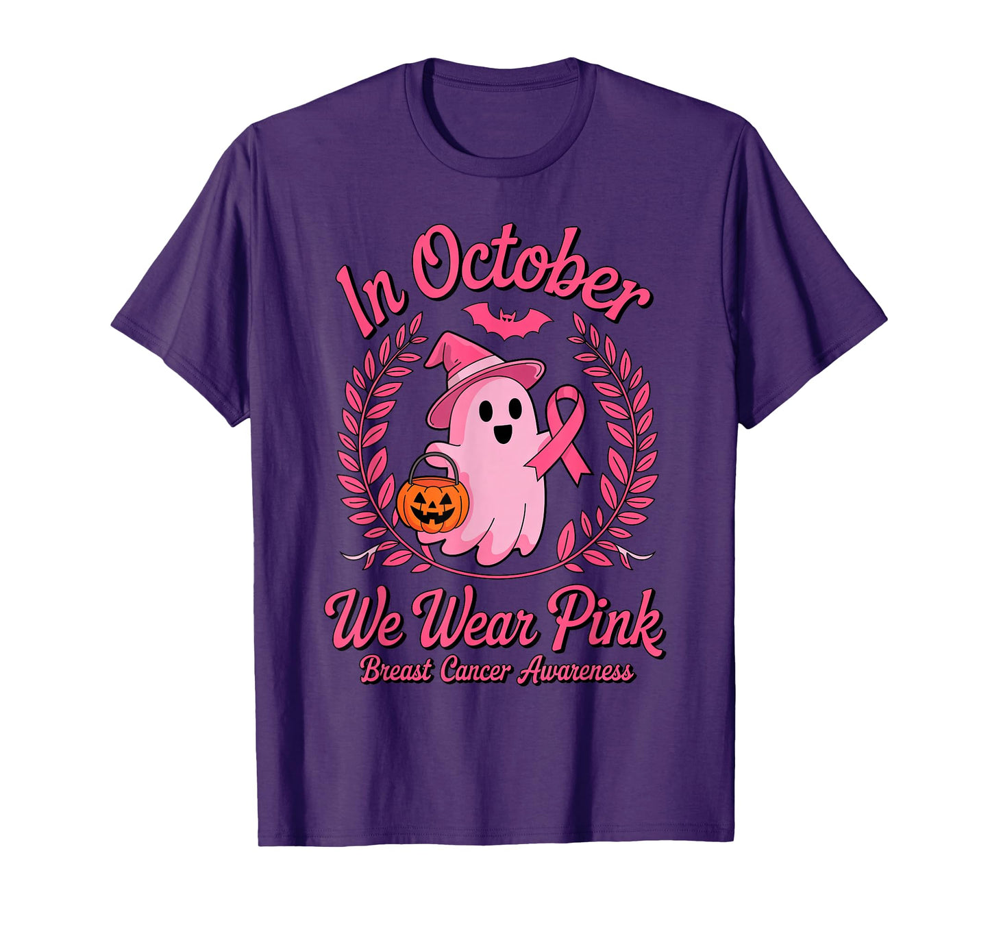 in October We Wear Pink Halloween Ghost Witch Breast Cancer T-Shirt