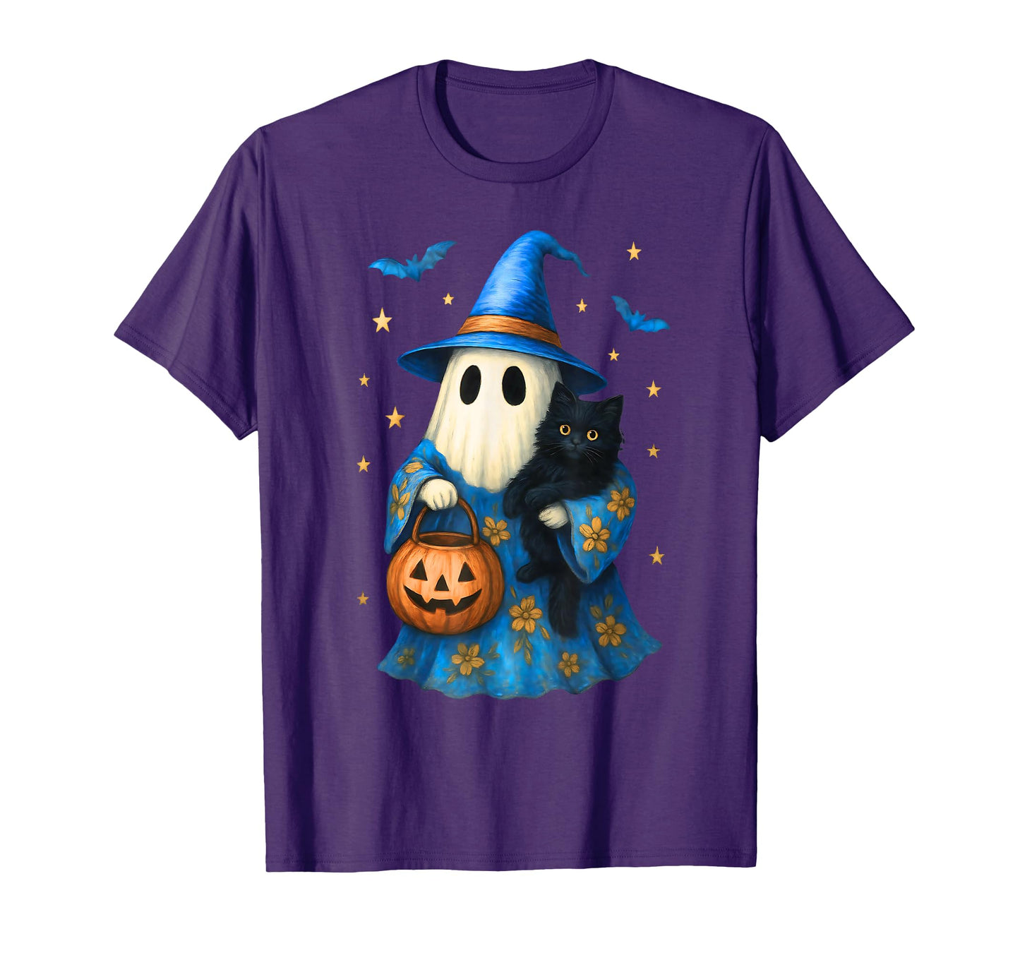 Vintage Halloween Ghost Holding Black Cat Groovy Floral T-Shirt