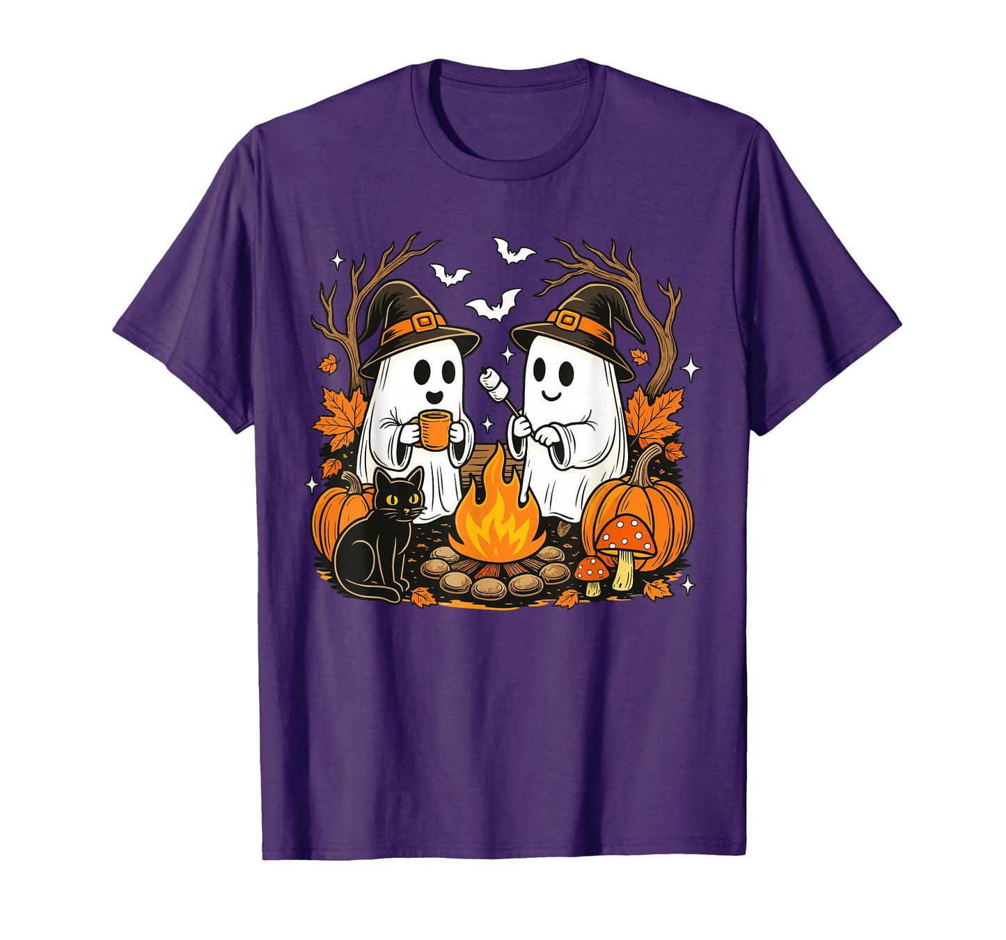 Cute Ghost Black Cat Halloween Witch Pumpkin Dark Forest T-Shirt