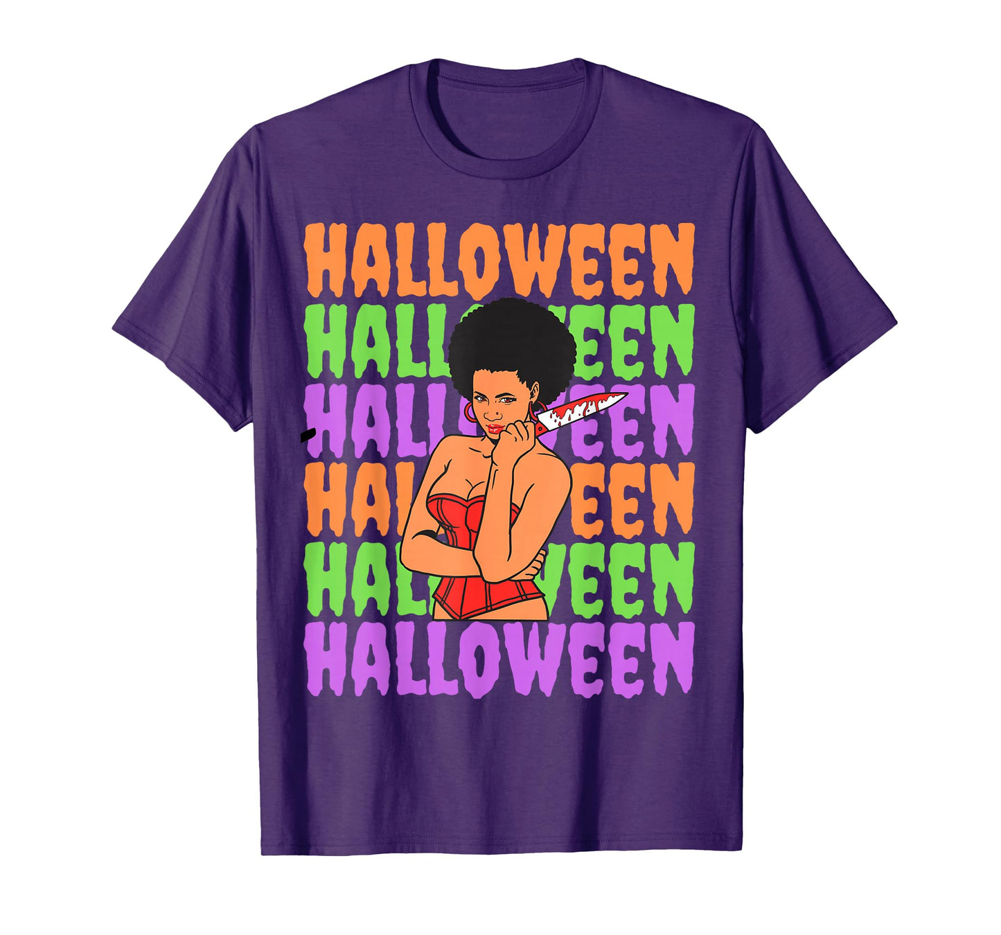 Funny Melanin Halloween Black Girl Magic Scary Blood Knife T-Shirt