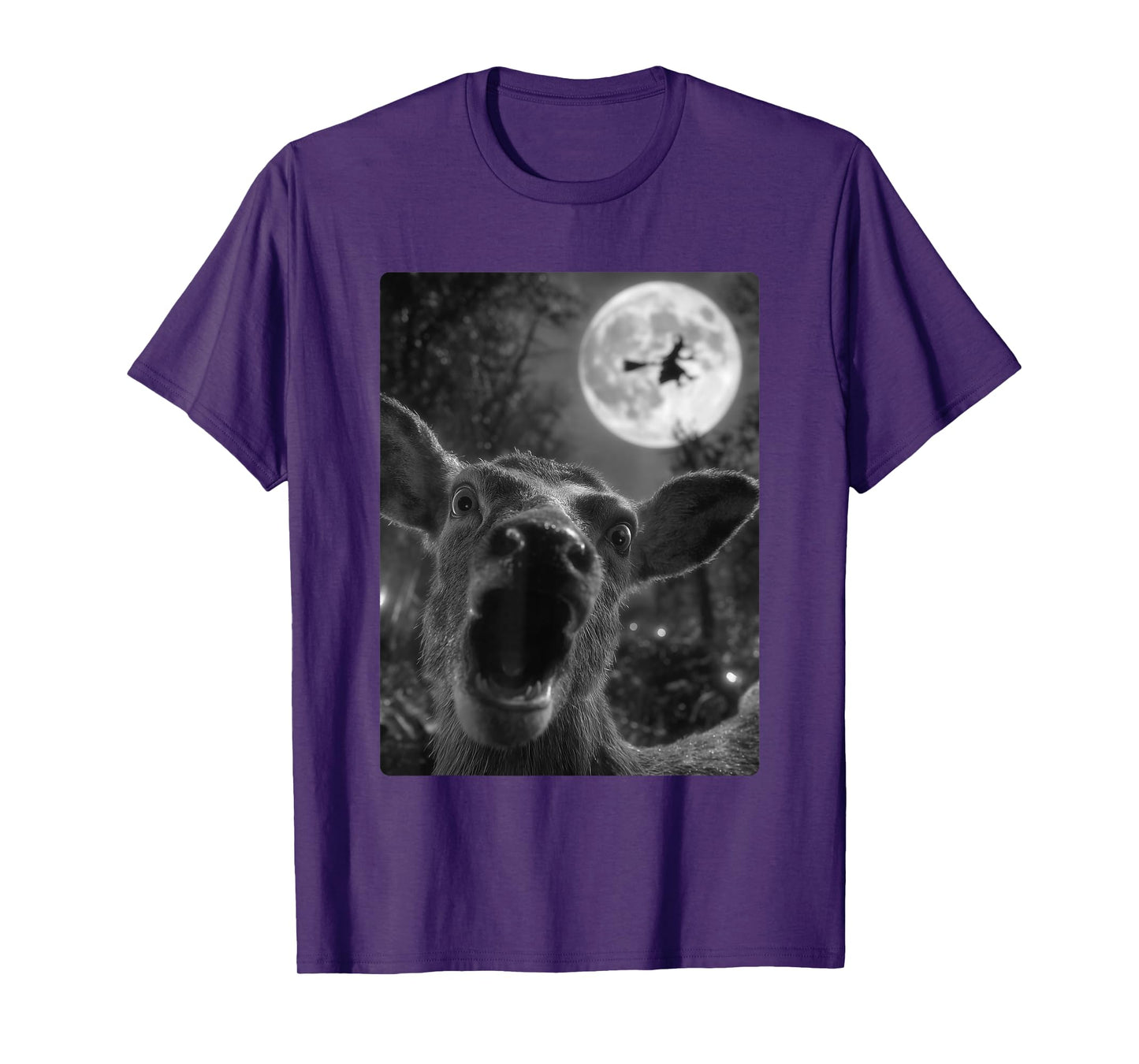 Funny Deer Selfie Full Moon Flying Witch Forest Halloween T-Shirt