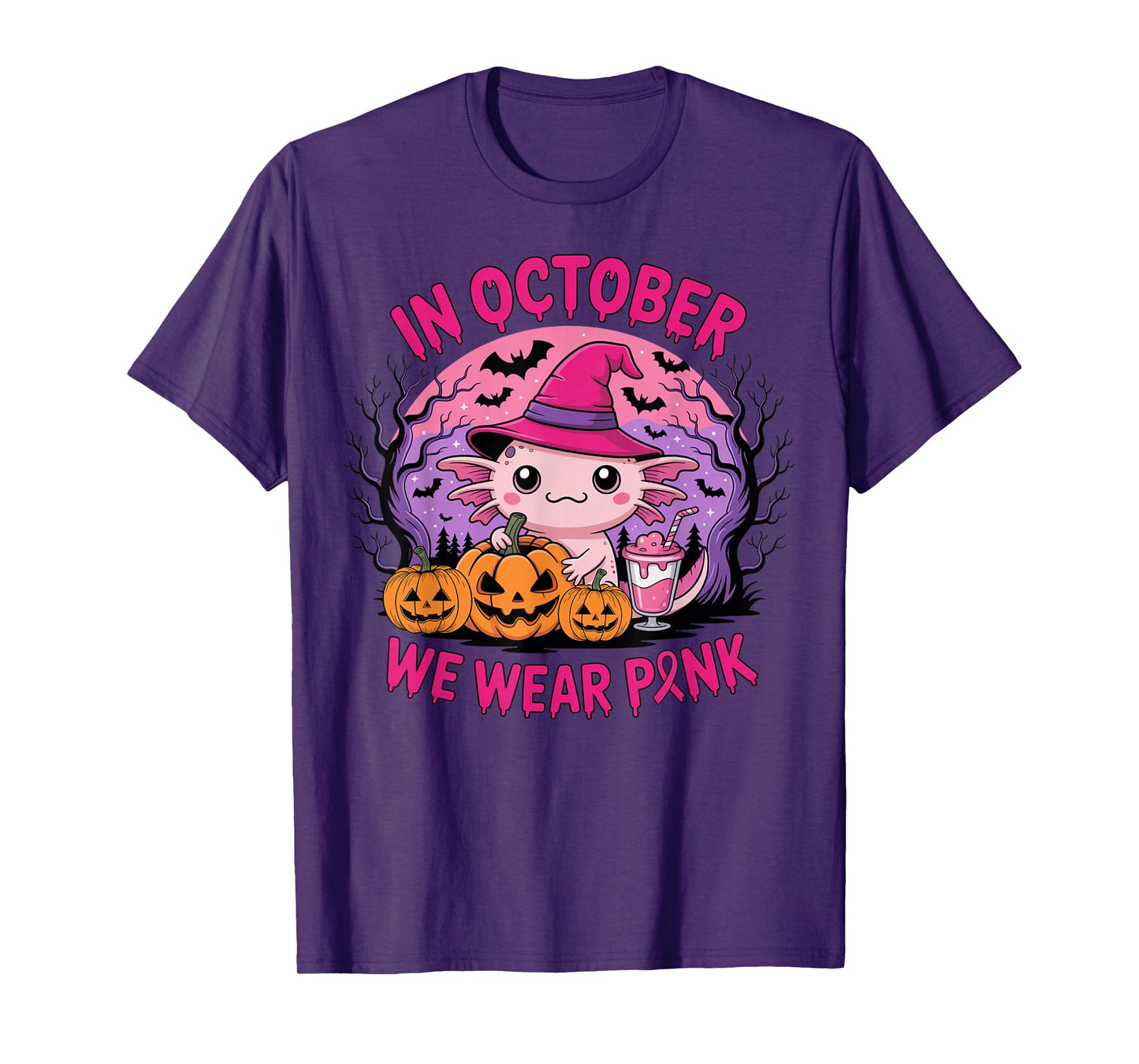 in October We Wear Pink Kawaii Axolotl Witch Pumpkins Squad T-Shirt