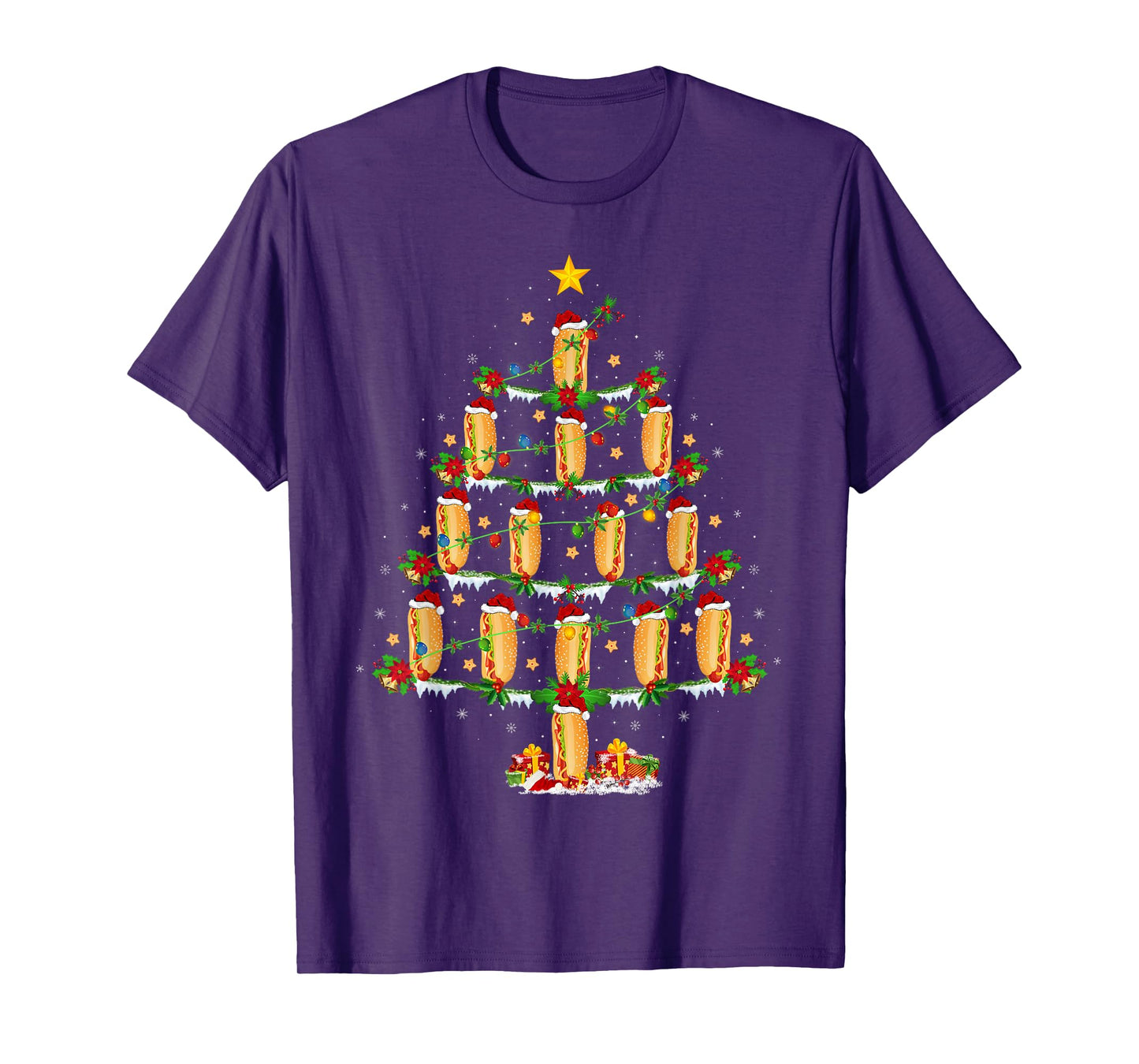 Hot Dogs Christmas Tree Lights Funny Fast Food Hotdog Xmas T-Shirt