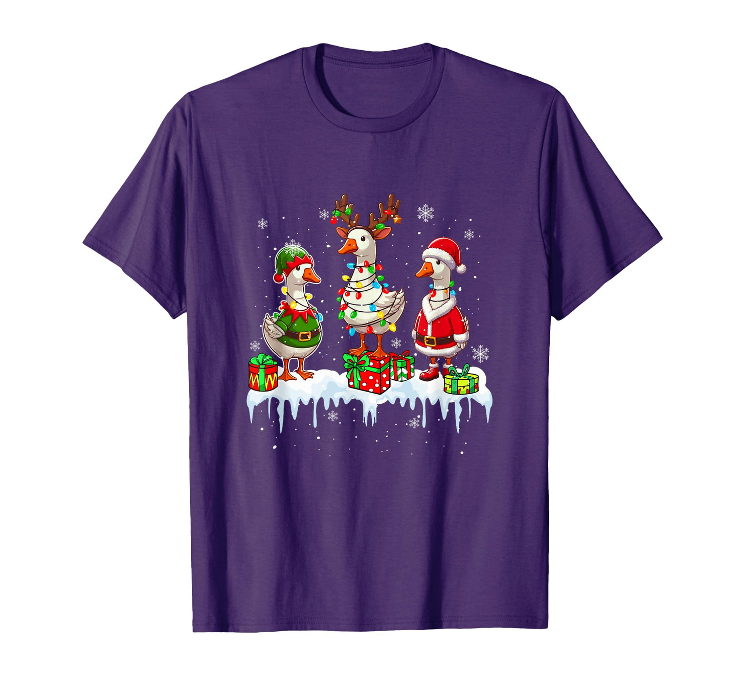 Three Santa Reindeer Elf Gooses Christmas Colorful Lights T-Shirt