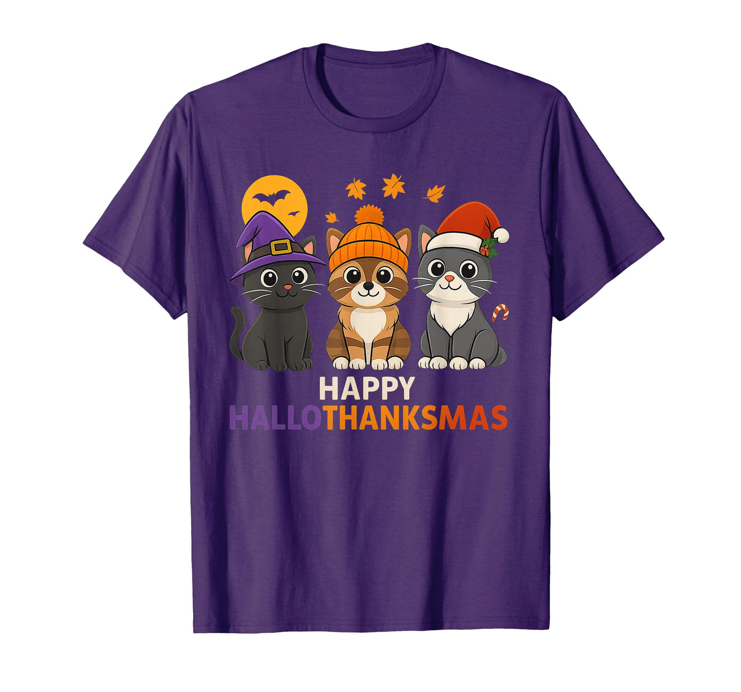 Cat Lover HalloThanksMas Halloween Thanksgiving Christmas T-Shirt