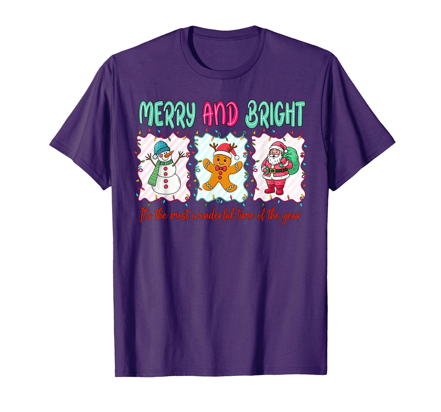 Merry and Bright Gingerbread Santa Snowman Christmas Women T-Shirt