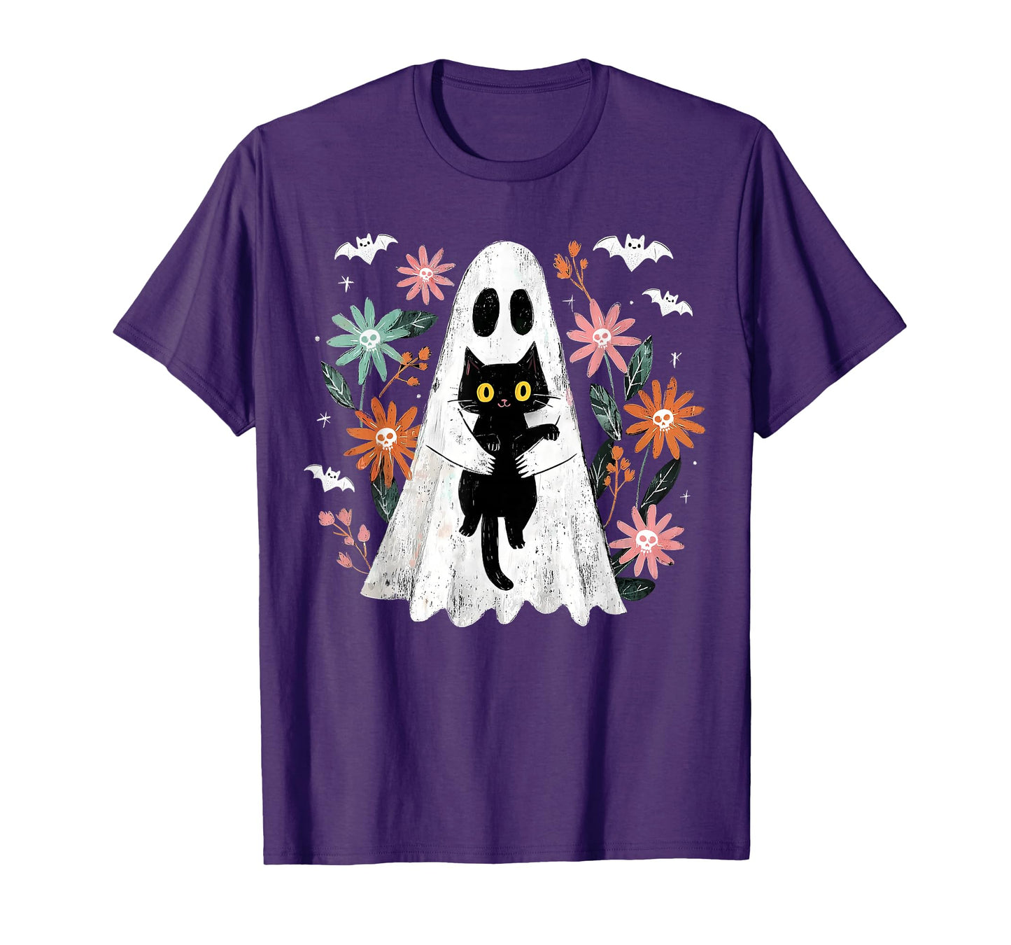 Spooky Ghost Hugging Black Cat Gothic Halloween Floral Skull T-Shirt