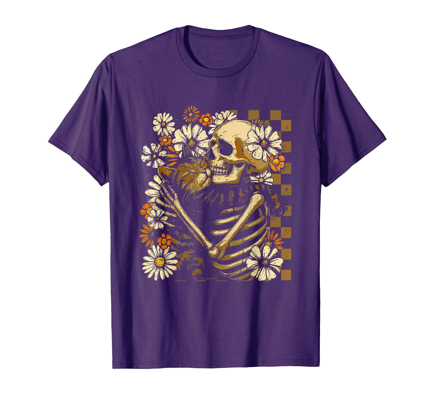 Floral Skeleton Hugging Cat Halloween Cat Lover Cat Mom T-Shirt