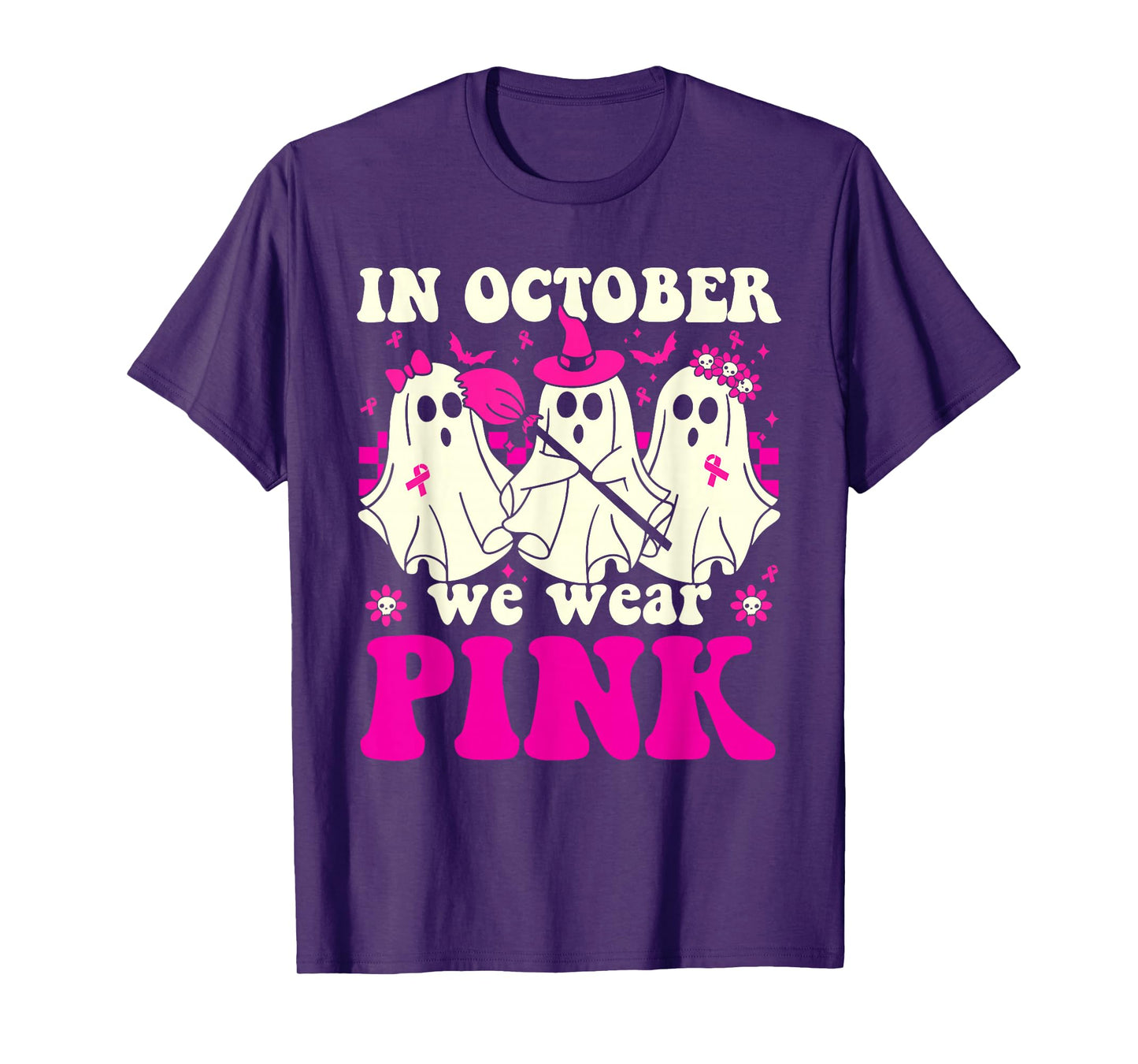 in October We Wear Pink Ghost Witch Breast Cancer Awareness T-Shirt