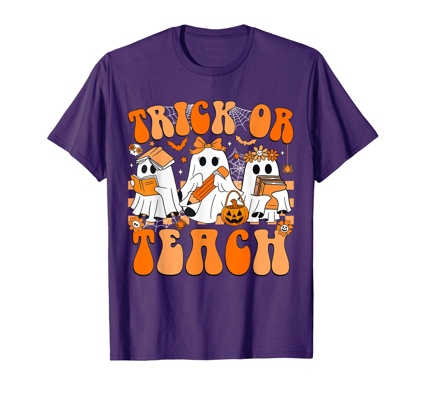 Trick Or Teach Groovy Teacher Halloween Retro Floral Ghost T-Shirt