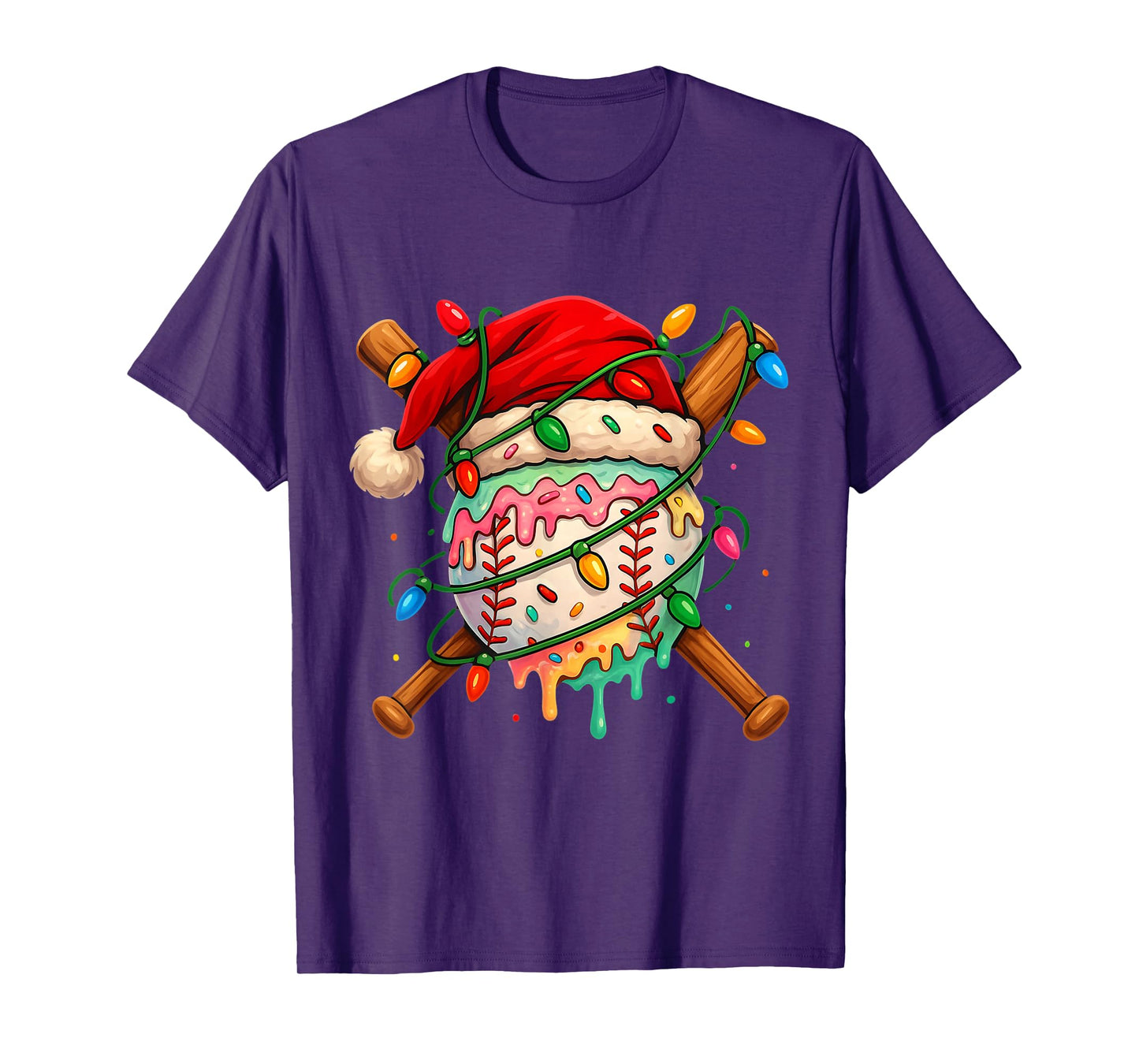 Baseball Christmas Ice Cream Santa Hat Lights Men Kid Family T-Shirt
