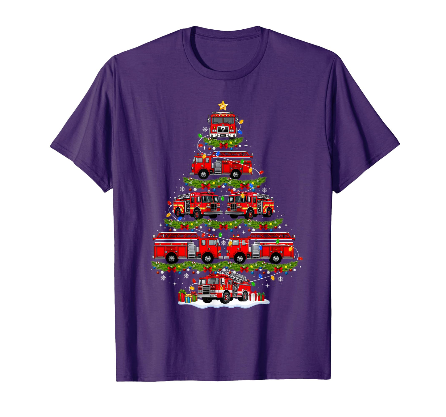 Fire Truck Firefighter Christmas Tree Lights Xmas Pajamas T-Shirt