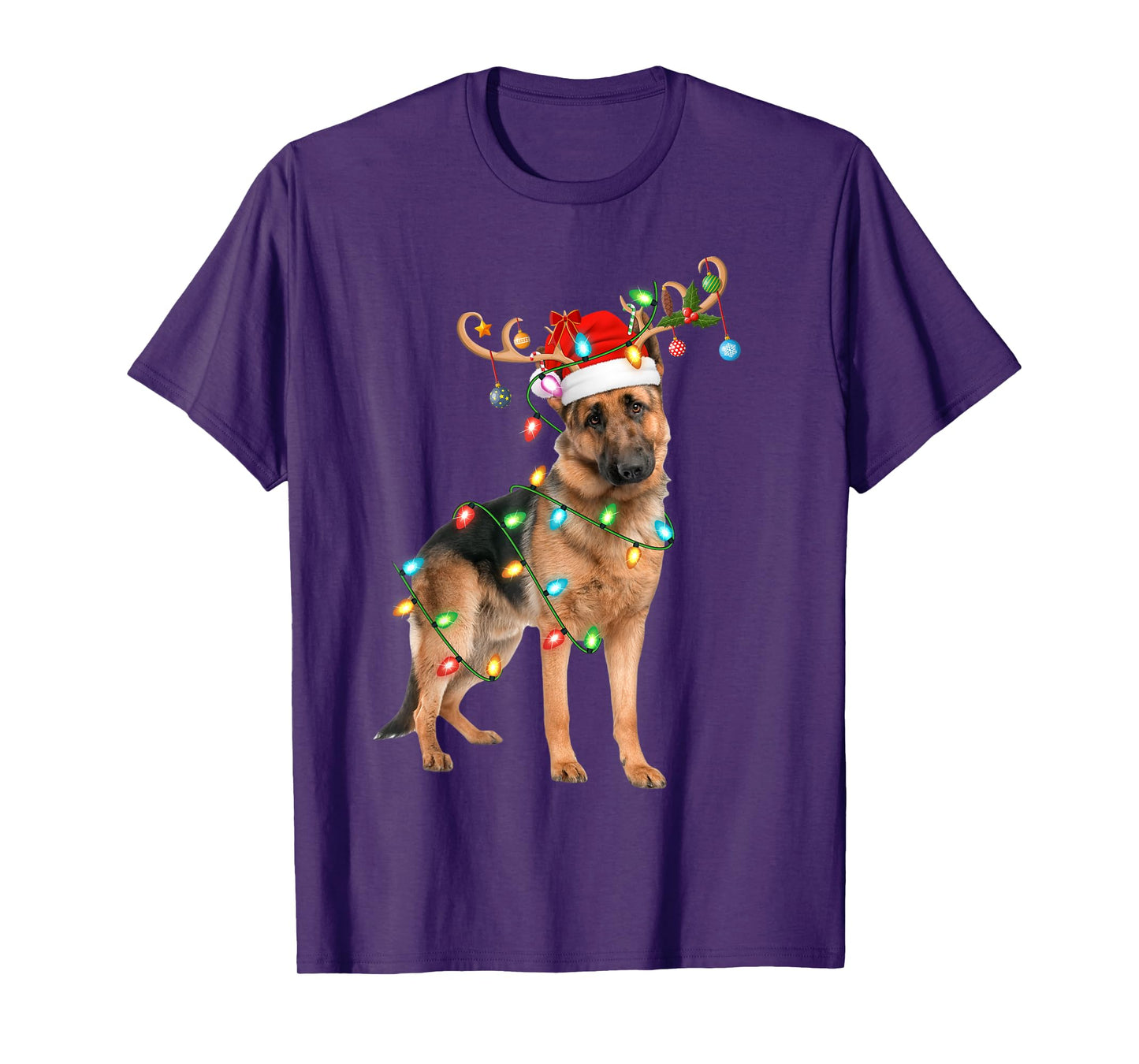 German Shepherd Christmas Lights Reindeer Santa Hat Dog Xmas T-Shirt