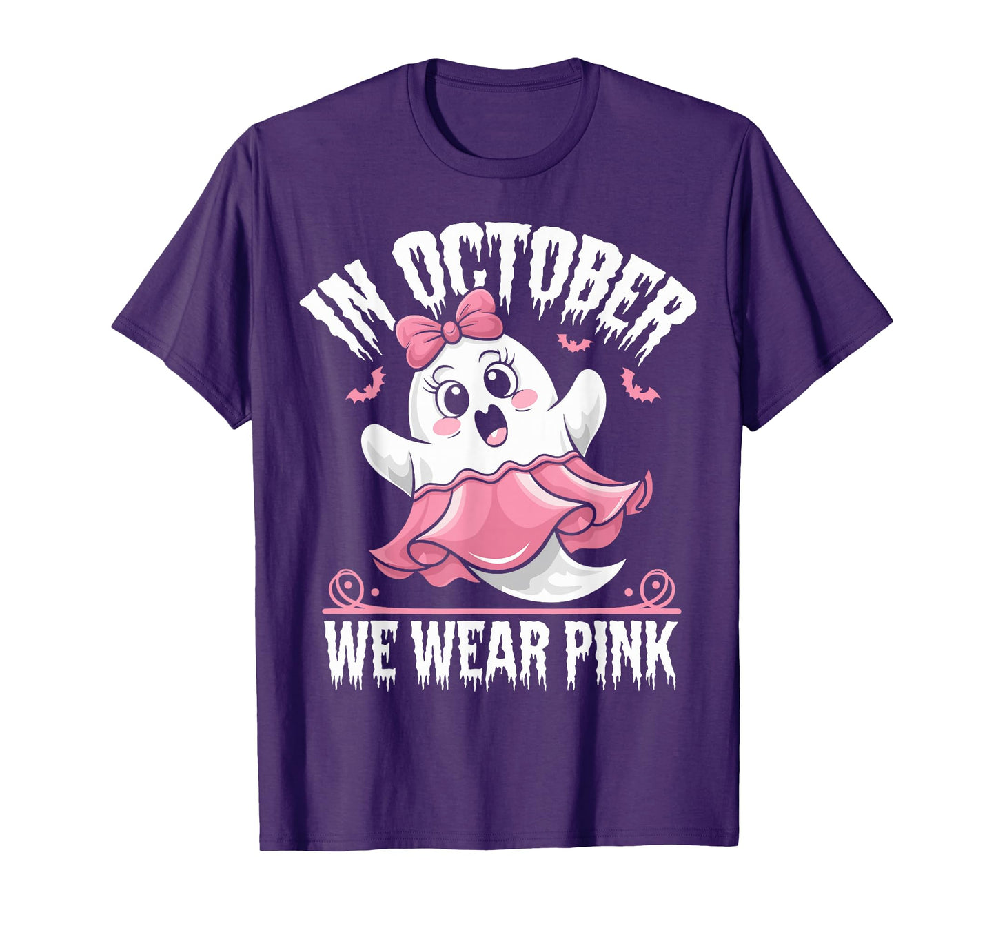 in October We Wear Pink Ghost Witch Breast Cancer Awareness T-Shirt