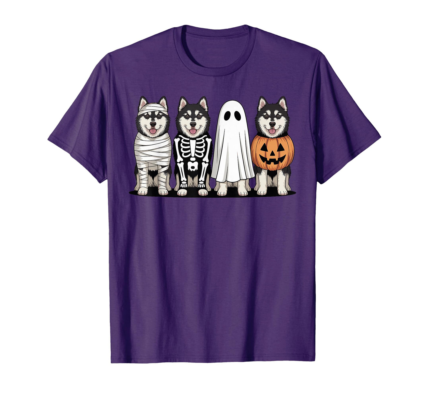 Spooky Ghost Alaskan Malamute Pumpkin Halloween Dog Skeleton T-Shirt