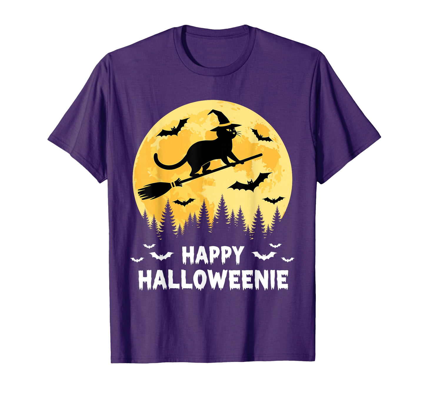 Happy Halloweenie Funny Halloween Cat Flying Witch T-Shirt