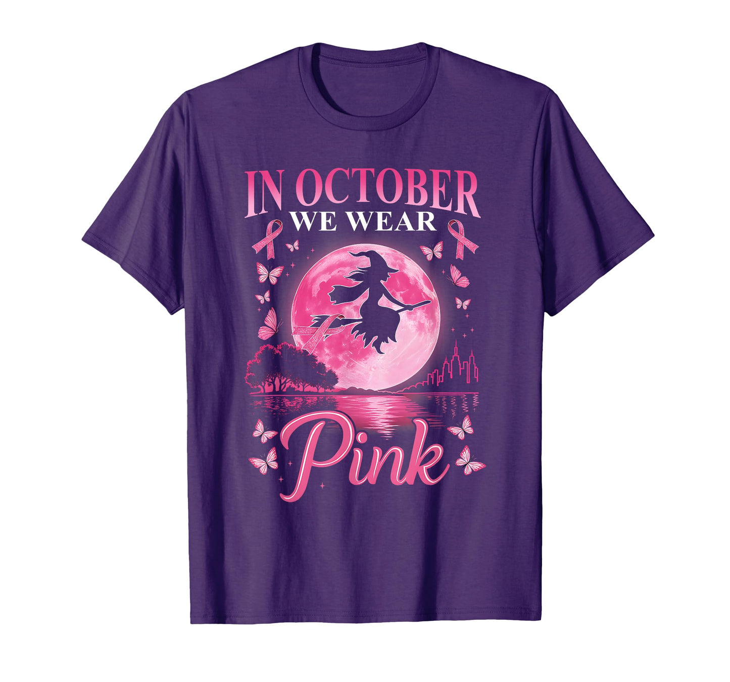 in October We Wear Pink Ribbon Witch Halloween Breast Cancer T-Shirt