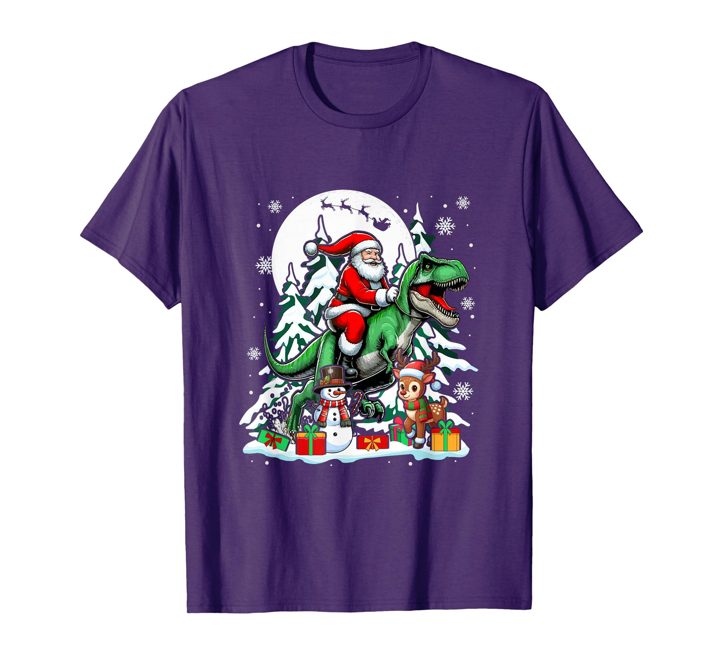 Santa Riding T-Rex Reindeer Snowman Christmas Family Kids T-Shirt