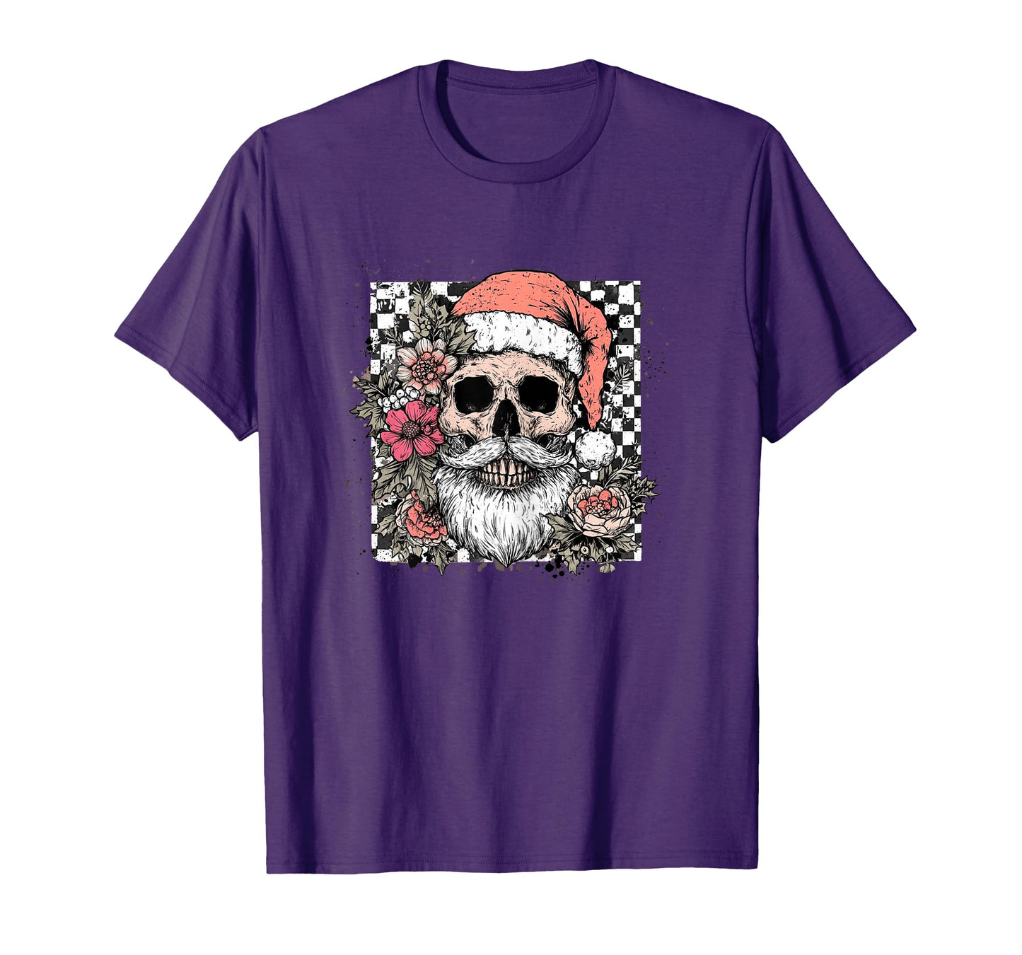 Womens Skull Floral Christmas Checkered, Funny Christmas Girl Women T-Shirt