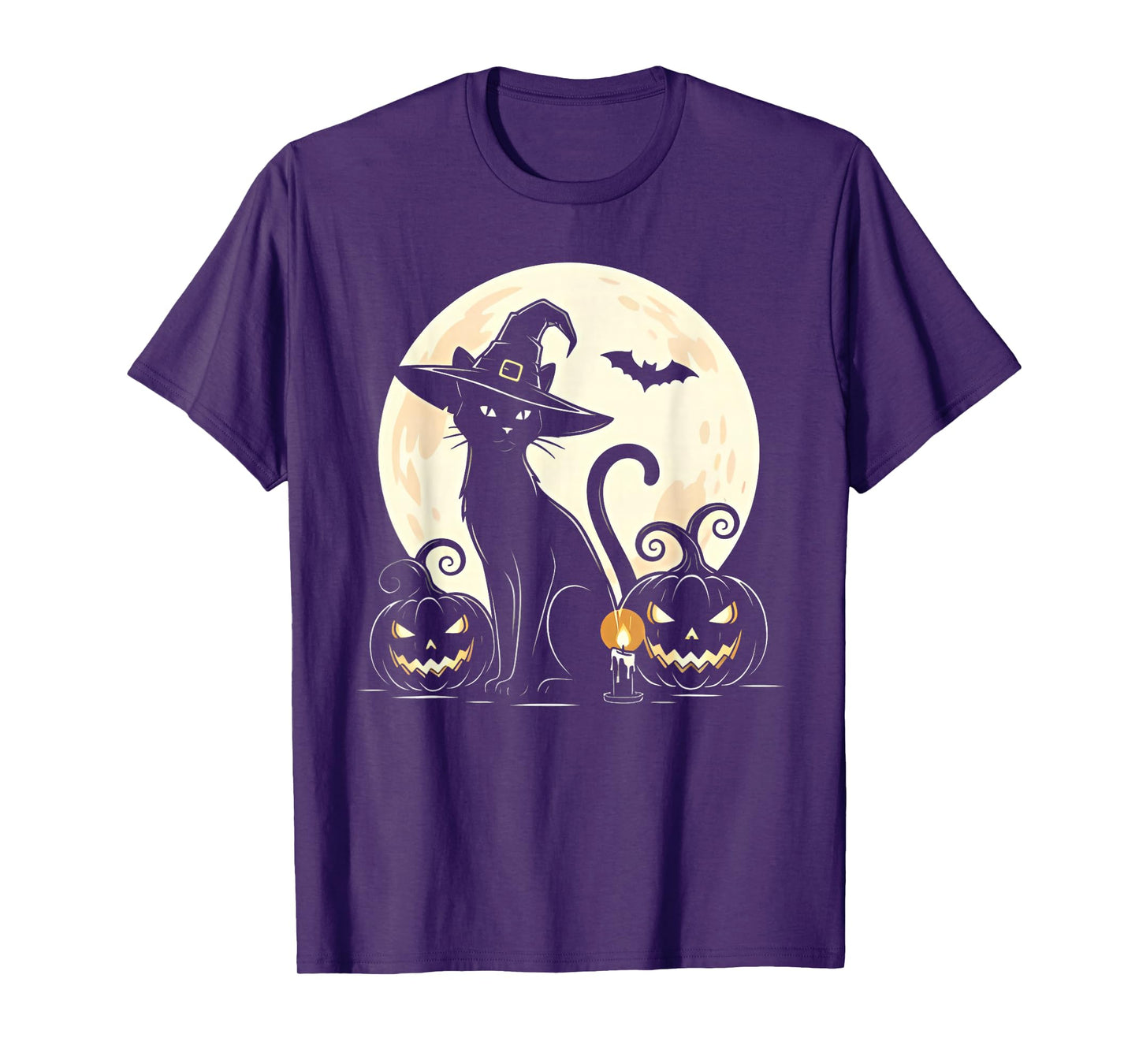 Beautiful Halloween Black Cat with Witch Hat Full Moon T-Shirt