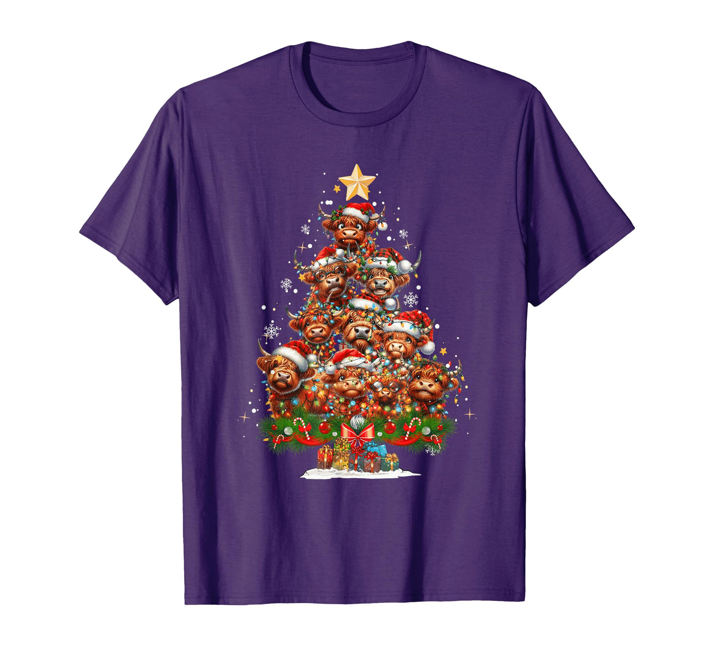 Funny Highland Cow Christmas Tree Light Xmas Funny Cow Lover T-Shirt