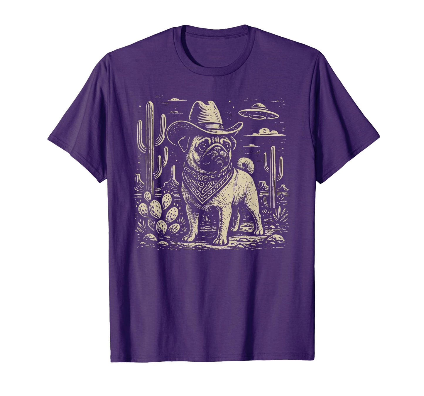 Vintage Western Pug Cowboy UFO Dog T-Shirt