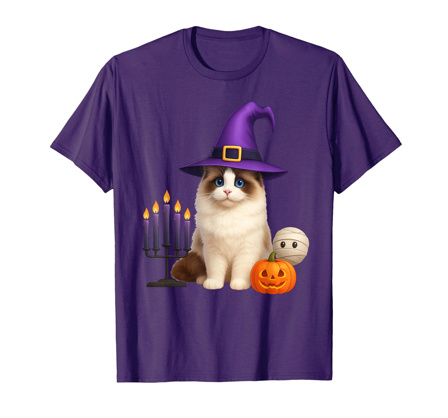 Men Women Kids Cute Pumpkin Witch Hat Ragdoll Cat Halloween T-Shirt