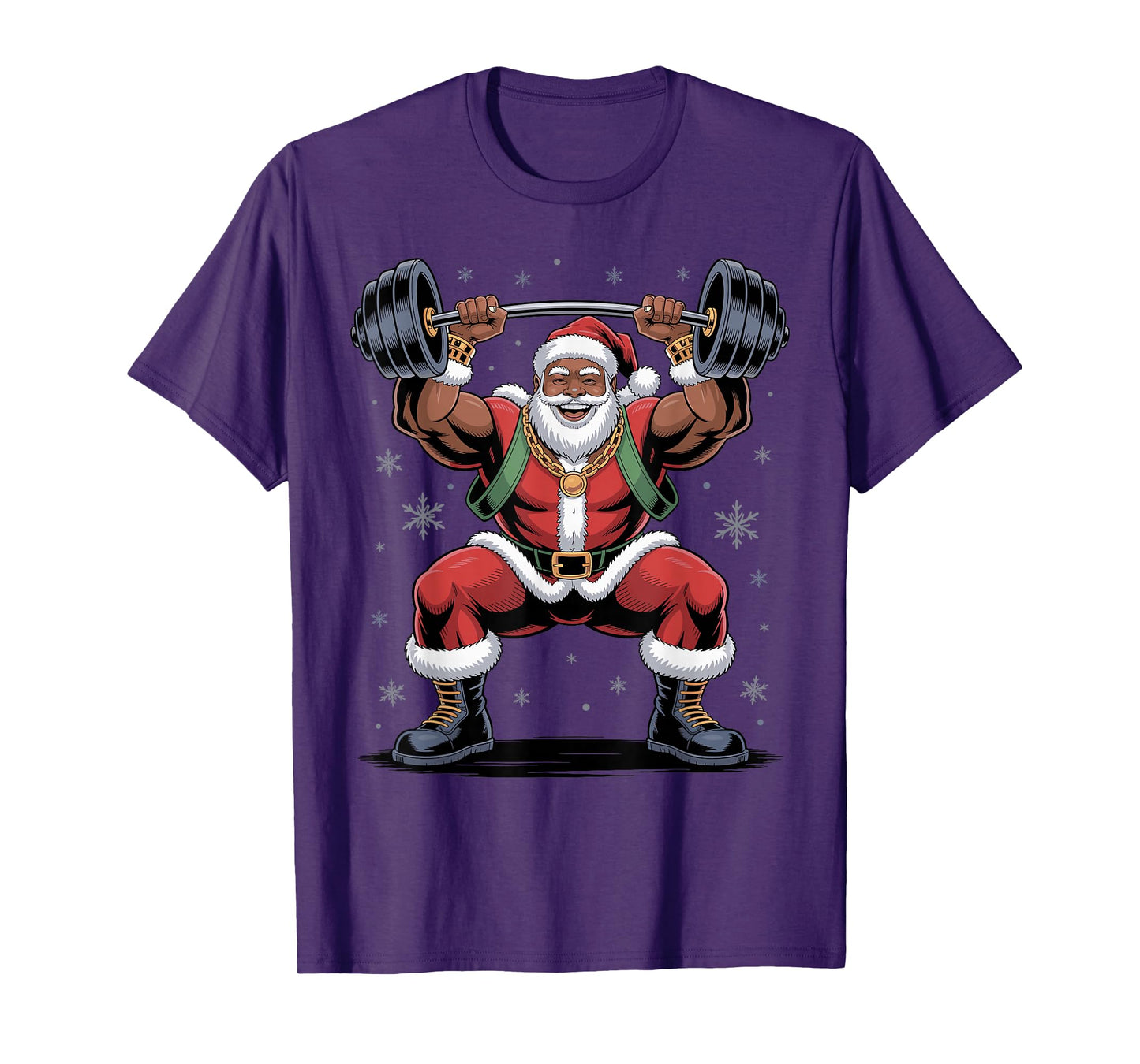 Santa Weightlifting African American Christmas Funny Holiday T-Shirt
