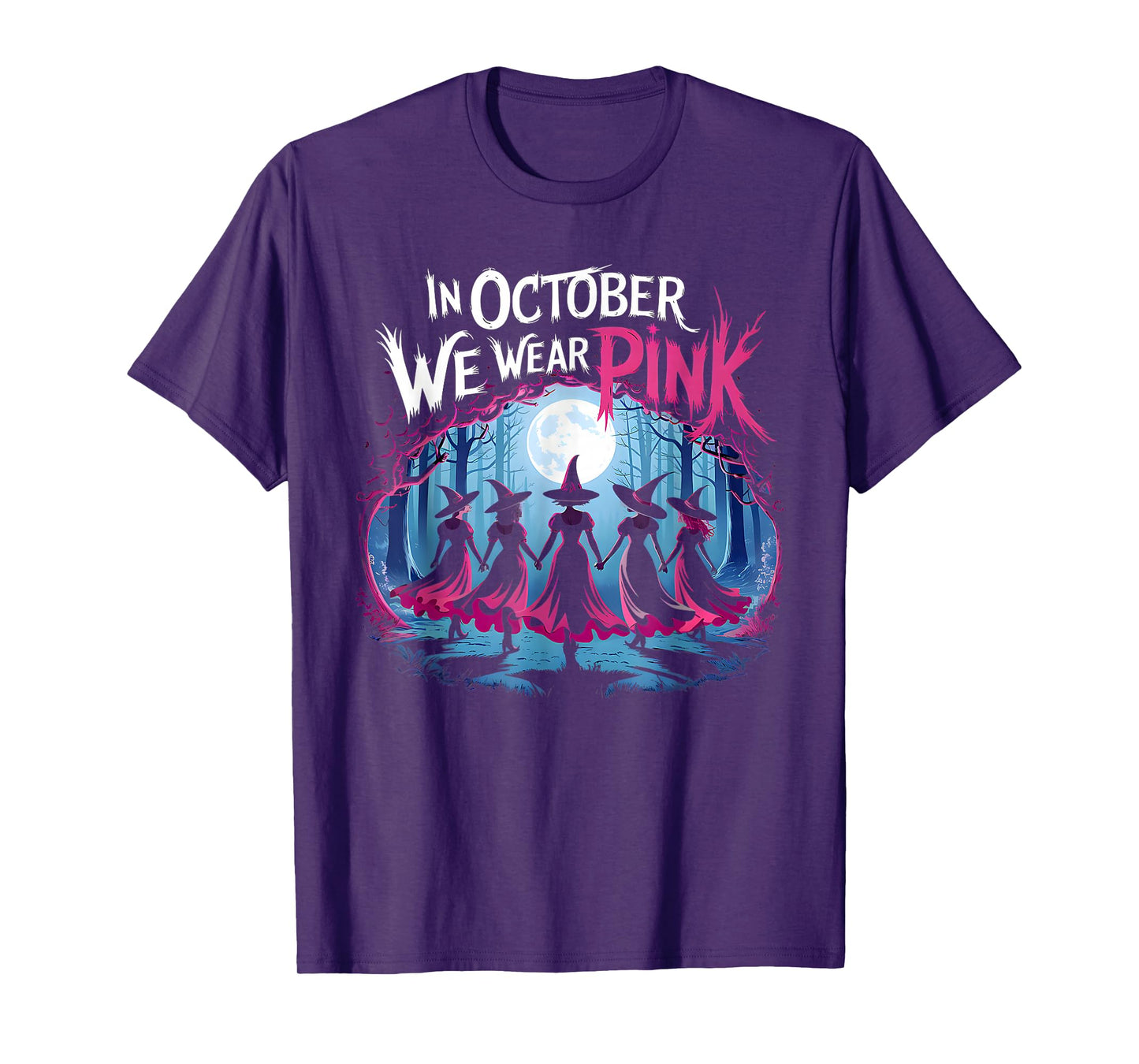 in October We Wear Pink Witch Halloween Breast Cancer Women T-Shirt