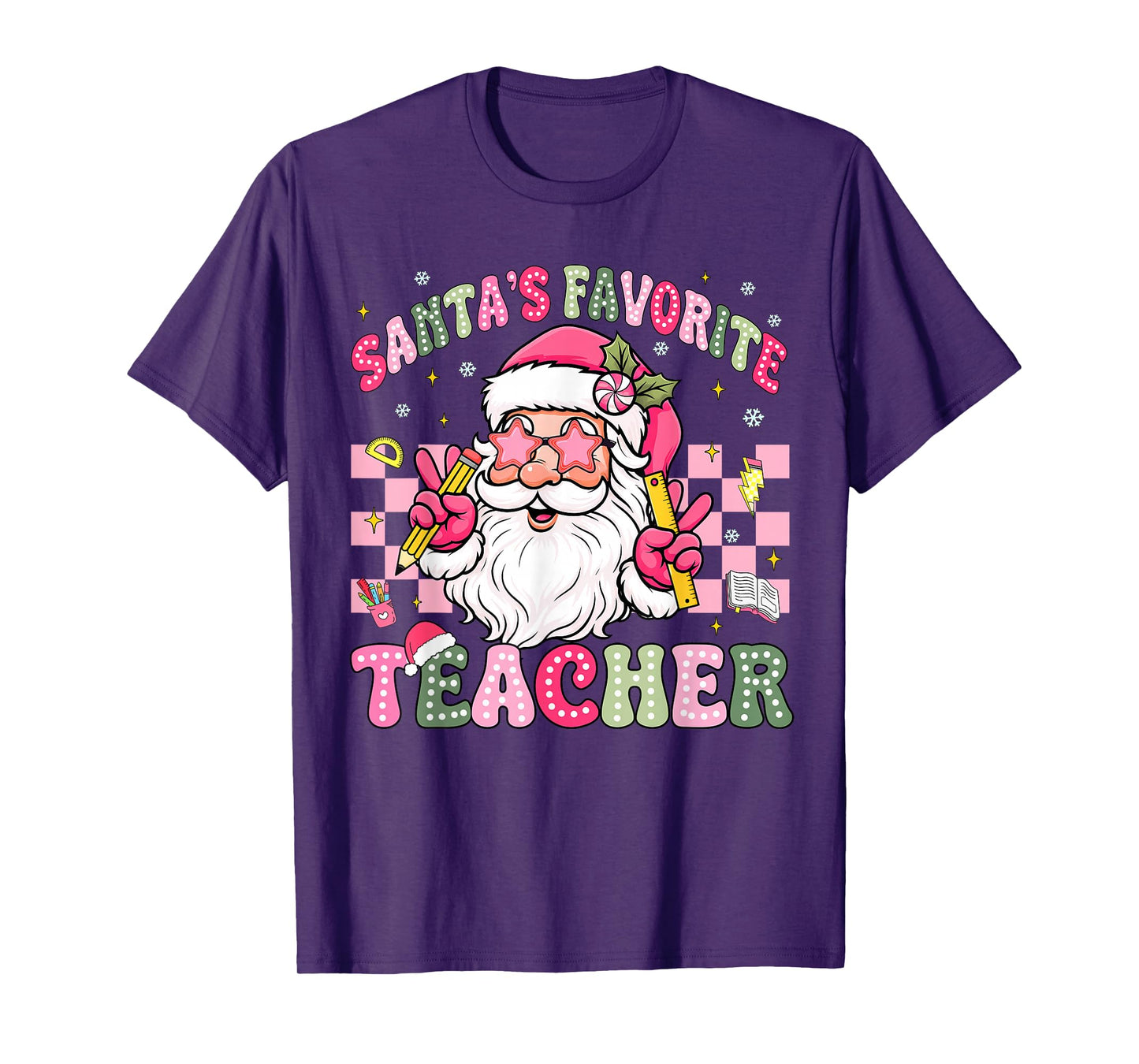 Santa's Favorite Teacher Groovy Christmas Teacher Boys Girls T-Shirt