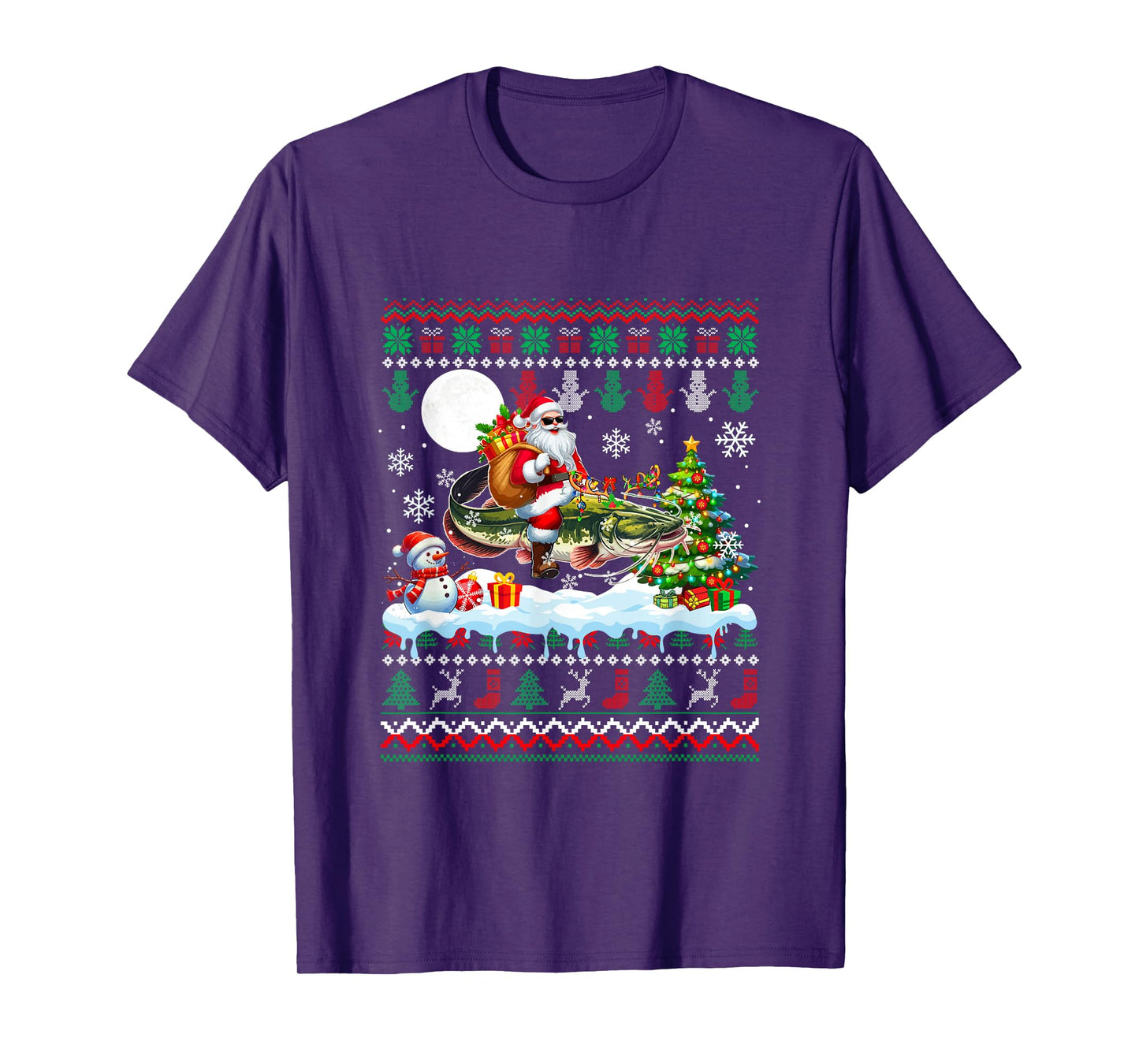 Santa Riding Reindeer Catfish Sweater Xmas Tree Snowman T-Shirt